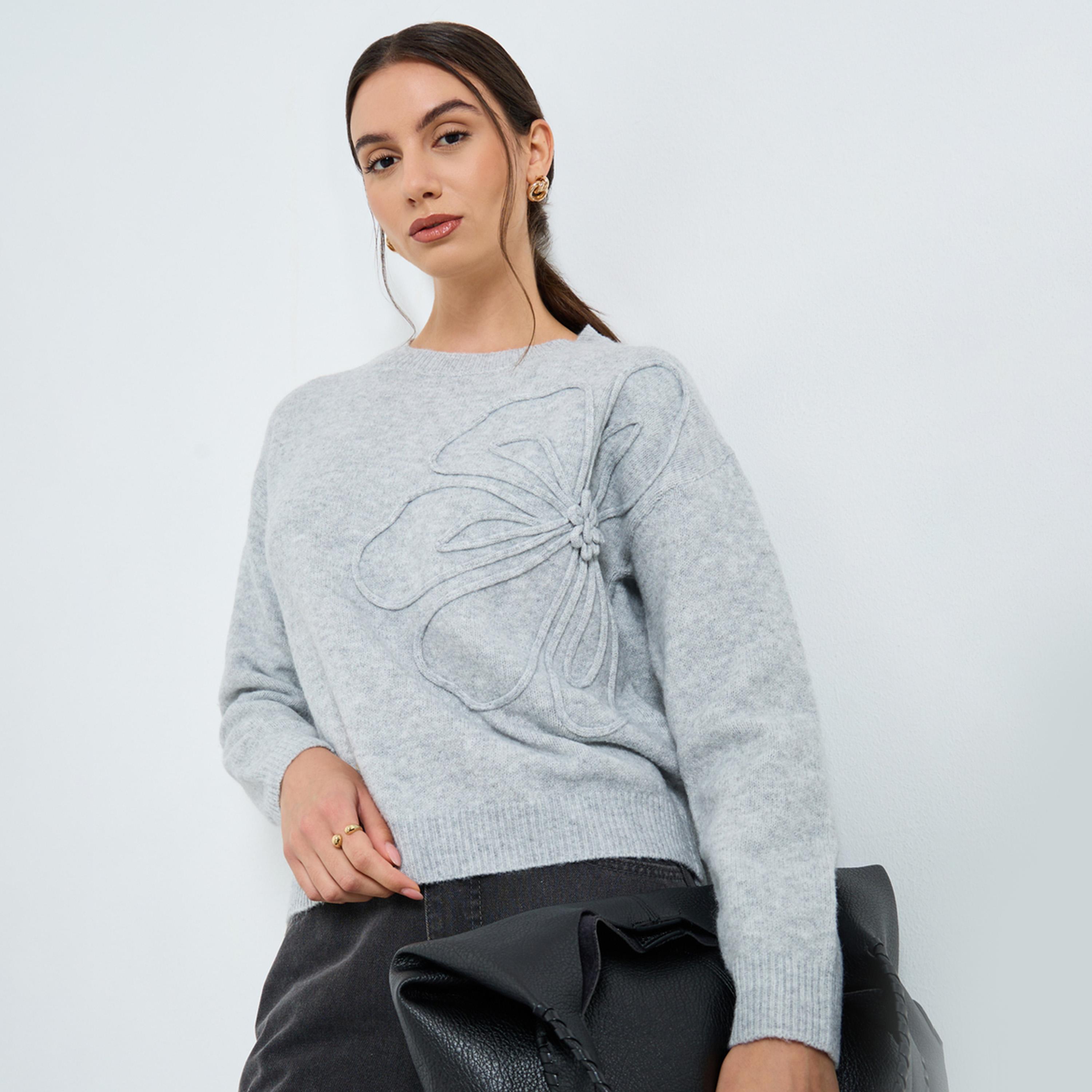 Take Two Grey Floral Applique Knit Sweater-women-clothing-cardigansandjumpers-jumpers-image-1