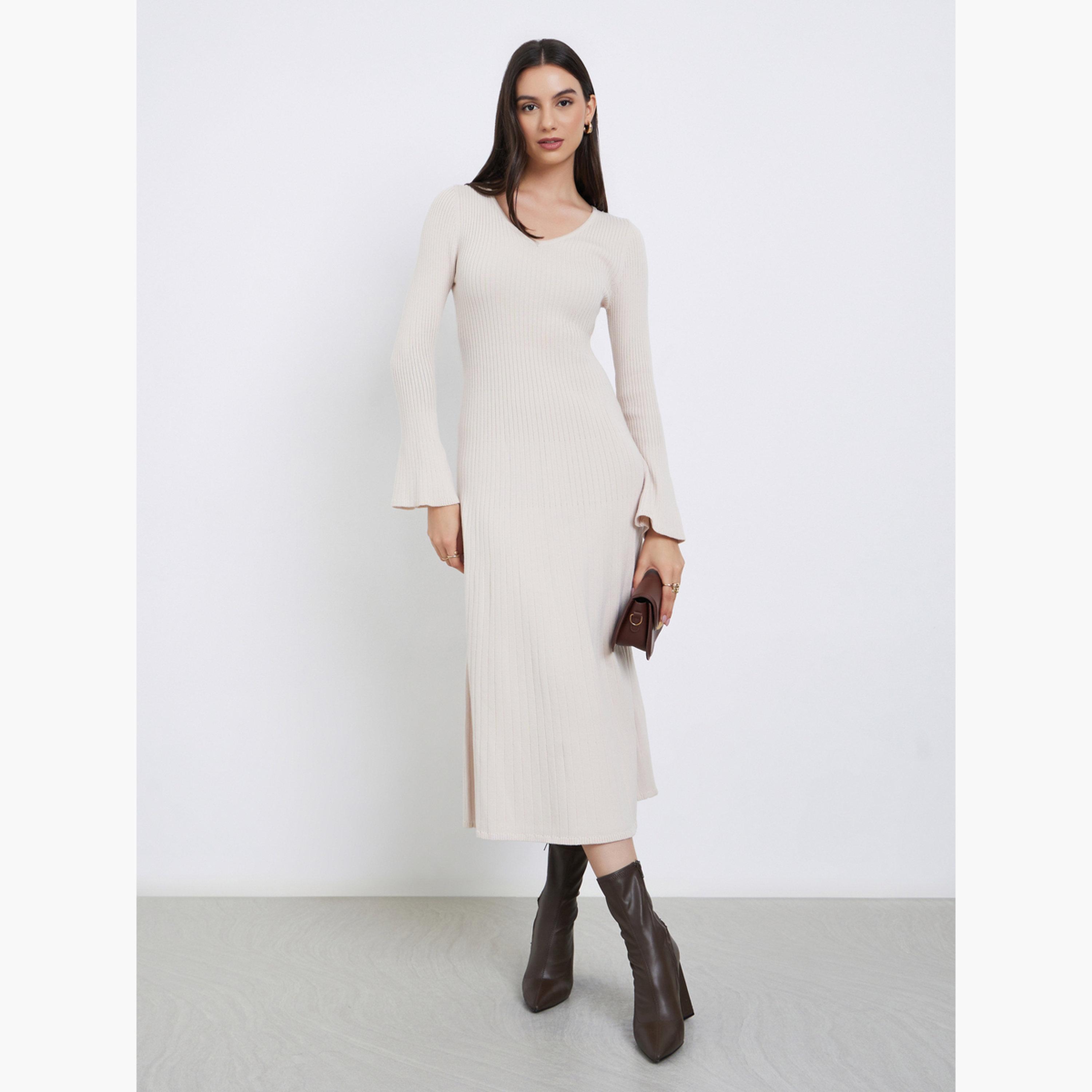 Take Two Beige Ribbed Knit Sweater Midi Dress-women-clothing-dresses-image-1