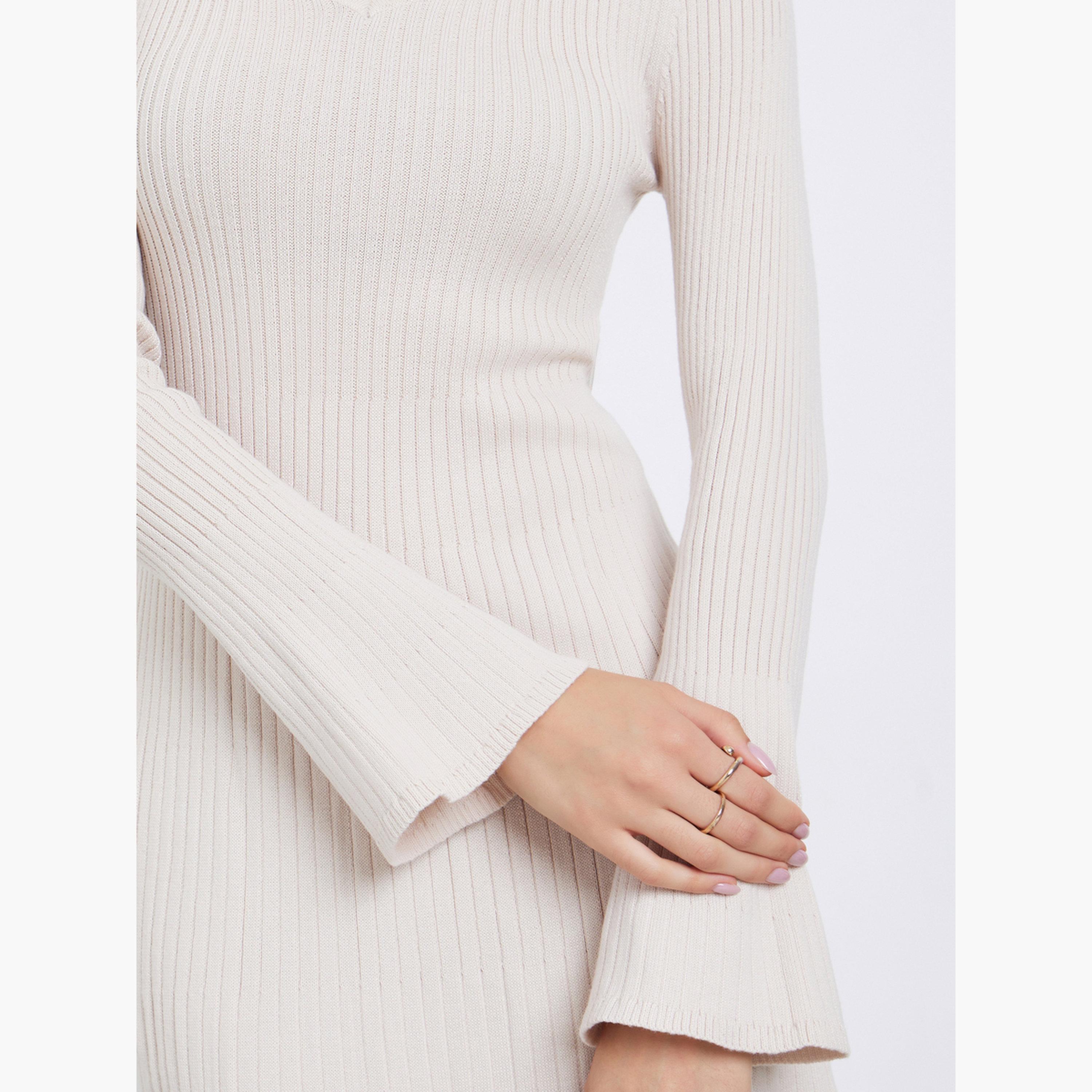تيك تو - فستان متوسط ​​الطول من الصوف المحبوك المضلع لون بيج-women-clothing-dresses-image-4