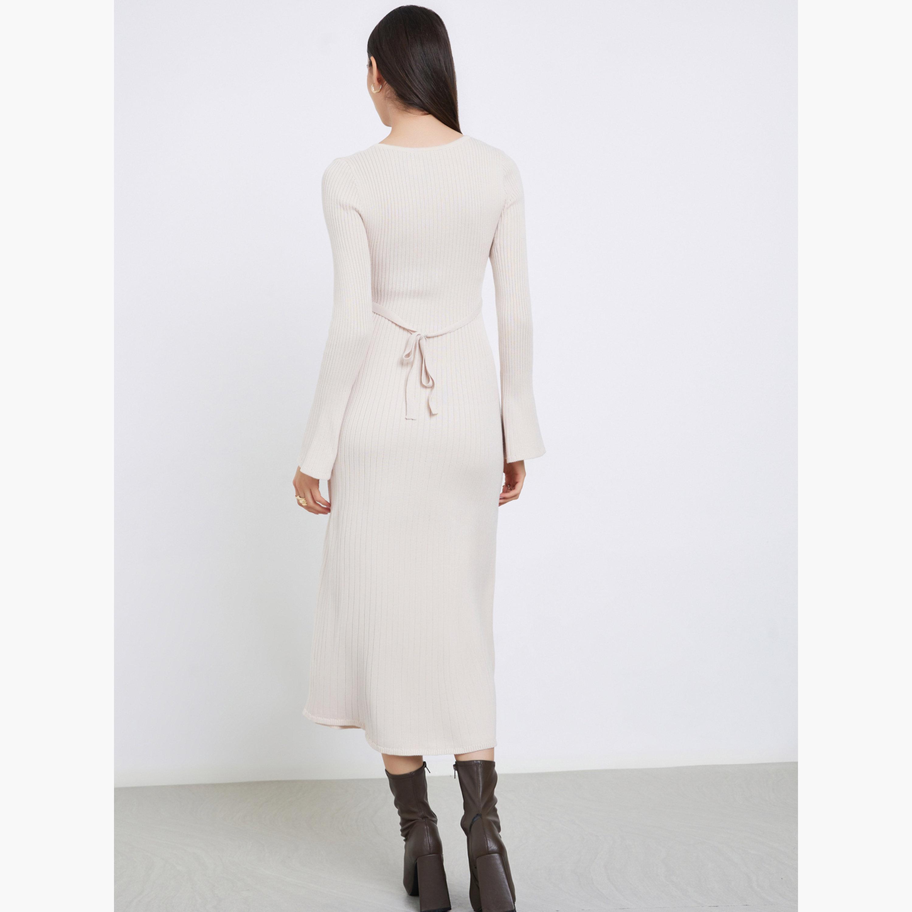 تيك تو - فستان متوسط ​​الطول من الصوف المحبوك المضلع لون بيج-women-clothing-dresses-image-5