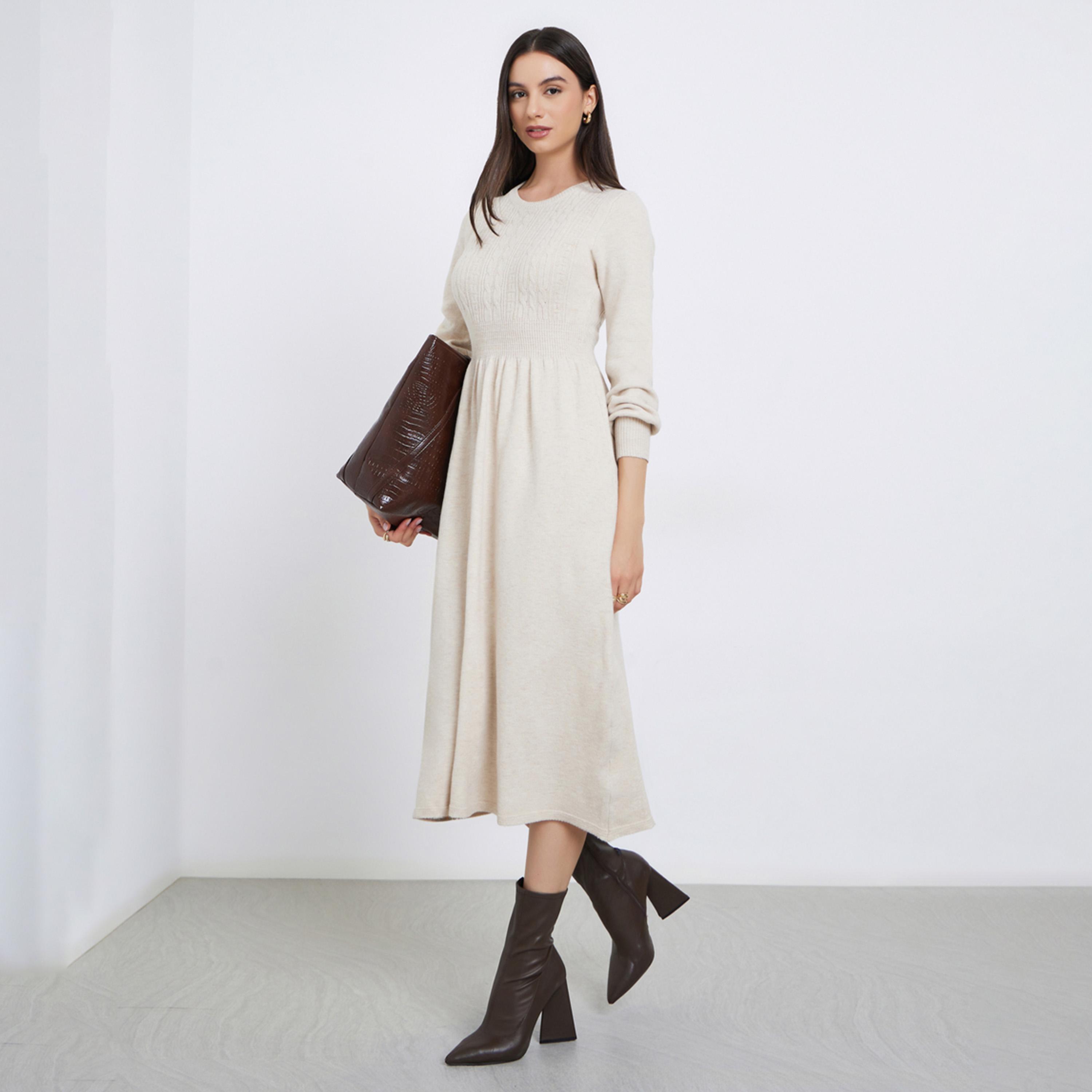 Take Two Beige Cable Knit Panel Sweater Midi Dress-women-clothing-dresses-image-1