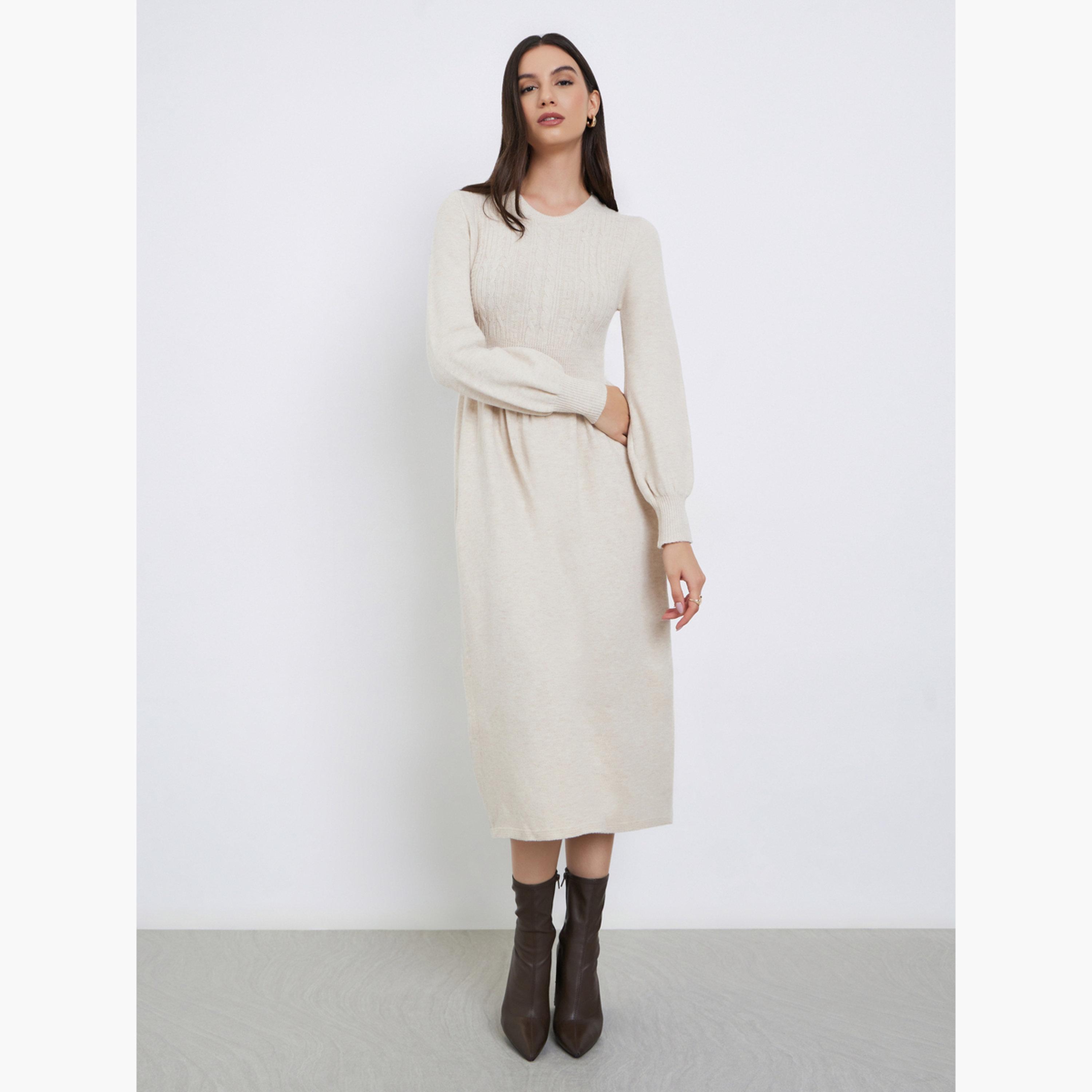 Take Two Beige Cable Knit Panel Sweater Midi Dress-women-clothing-dresses-image-2