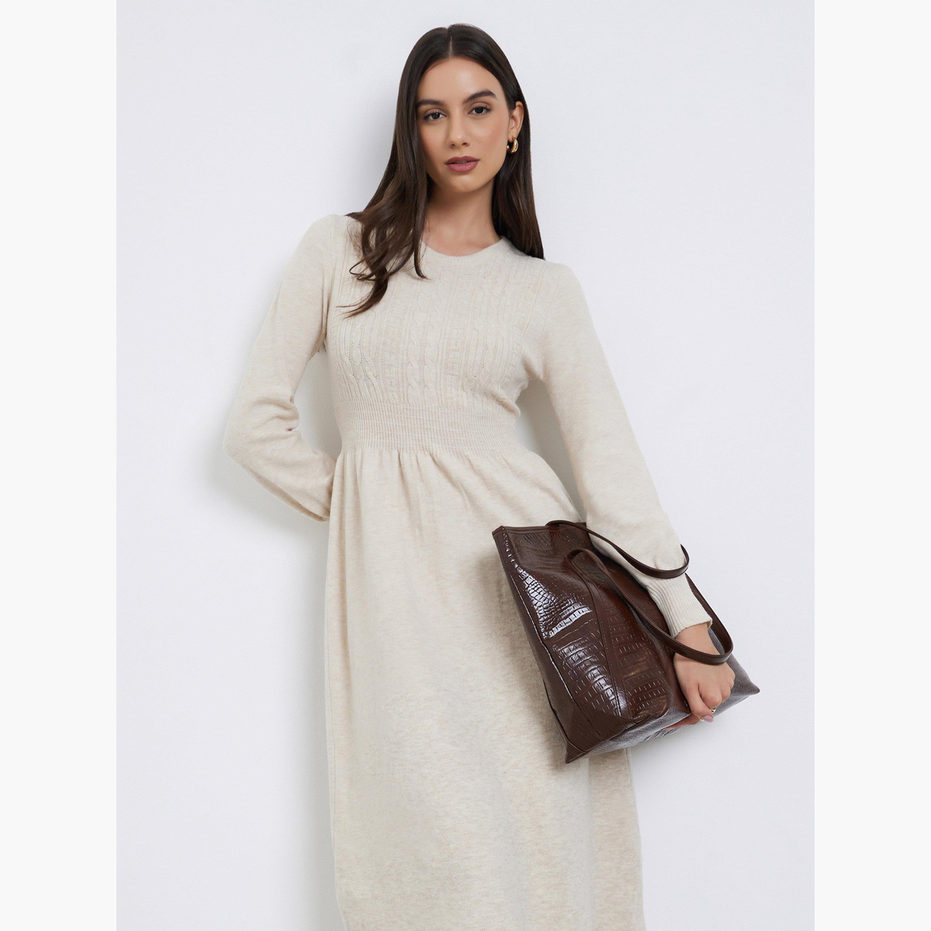 Take Two Beige Cable Knit Panel Sweater Midi Dress-women-clothing-dresses-image-3