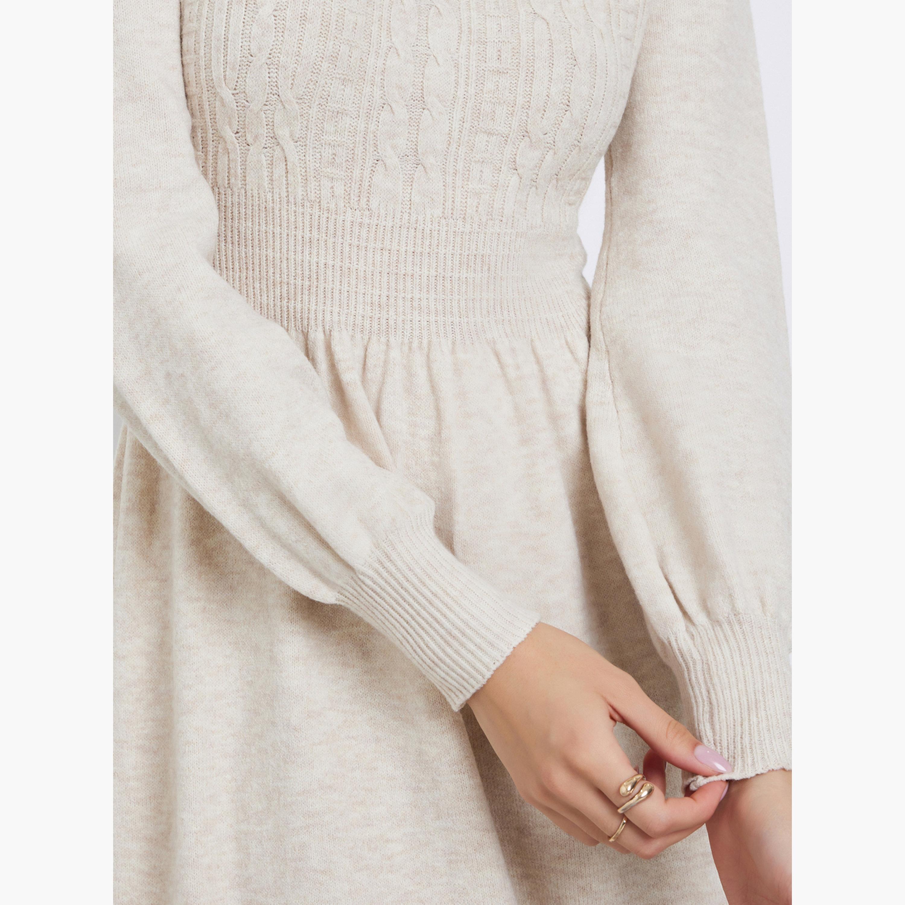 Take Two Beige Cable Knit Panel Sweater Midi Dress-women-clothing-dresses-image-4