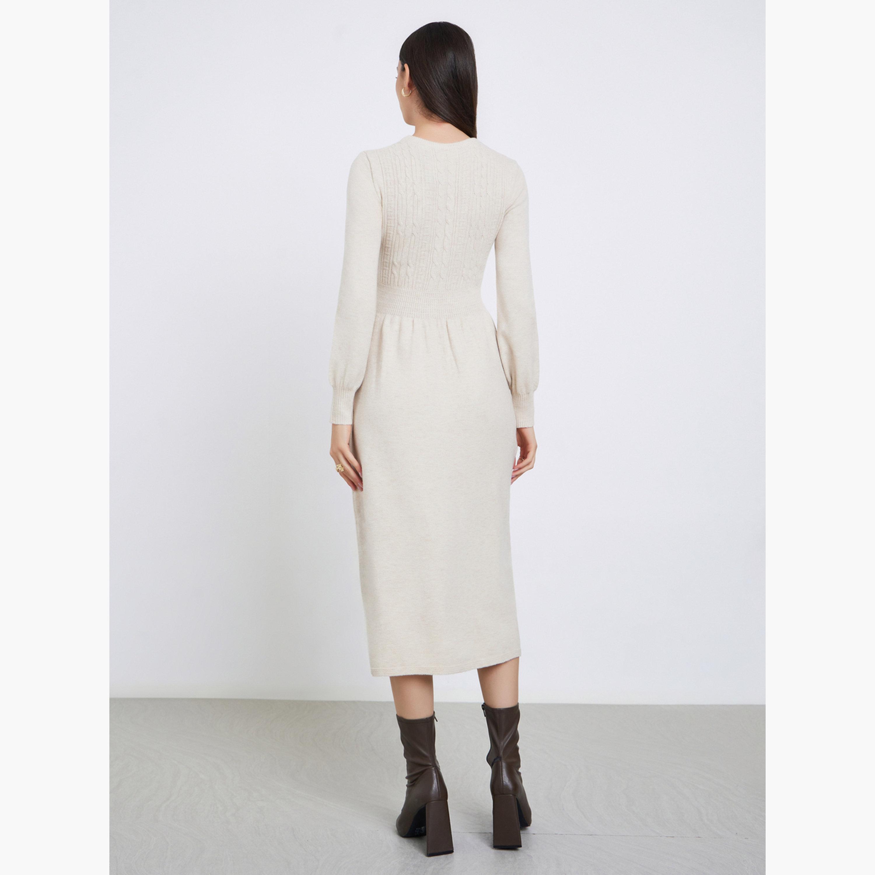 Take Two Beige Cable Knit Panel Sweater Midi Dress-women-clothing-dresses-image-5