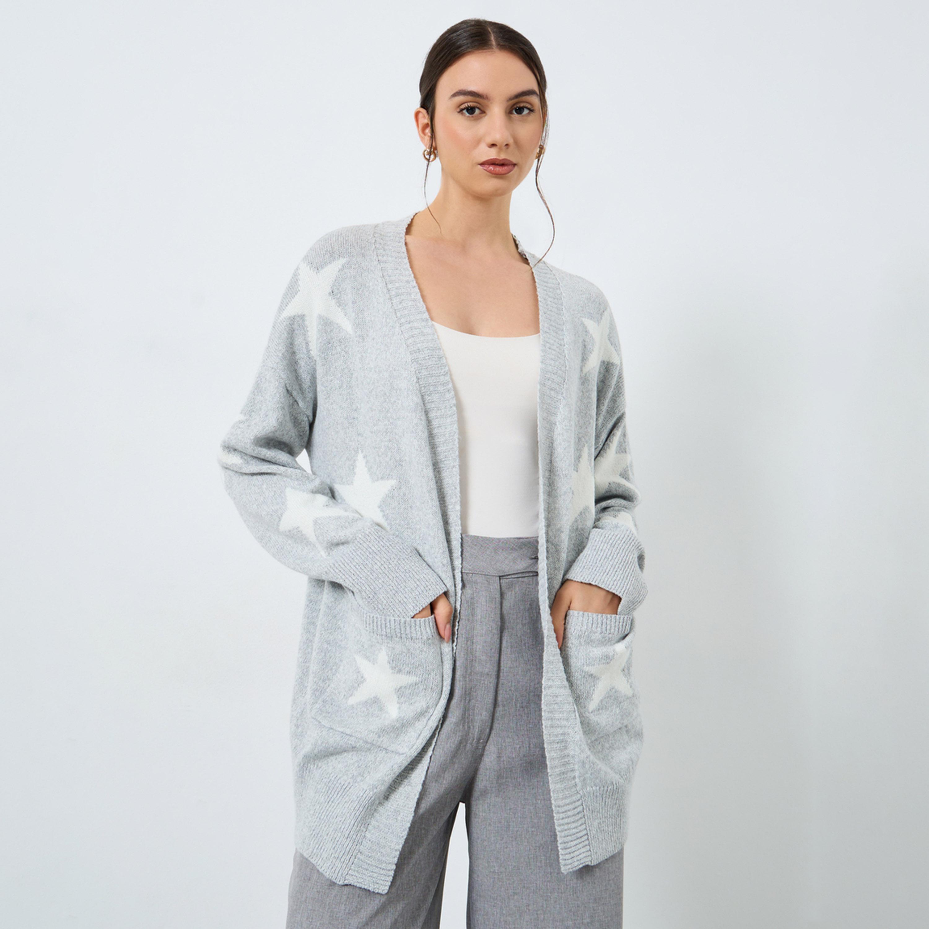 Take Two Grey Star Pattern Longline Cardigan-women-clothing-cardigansandjumpers-cardigans-image-1