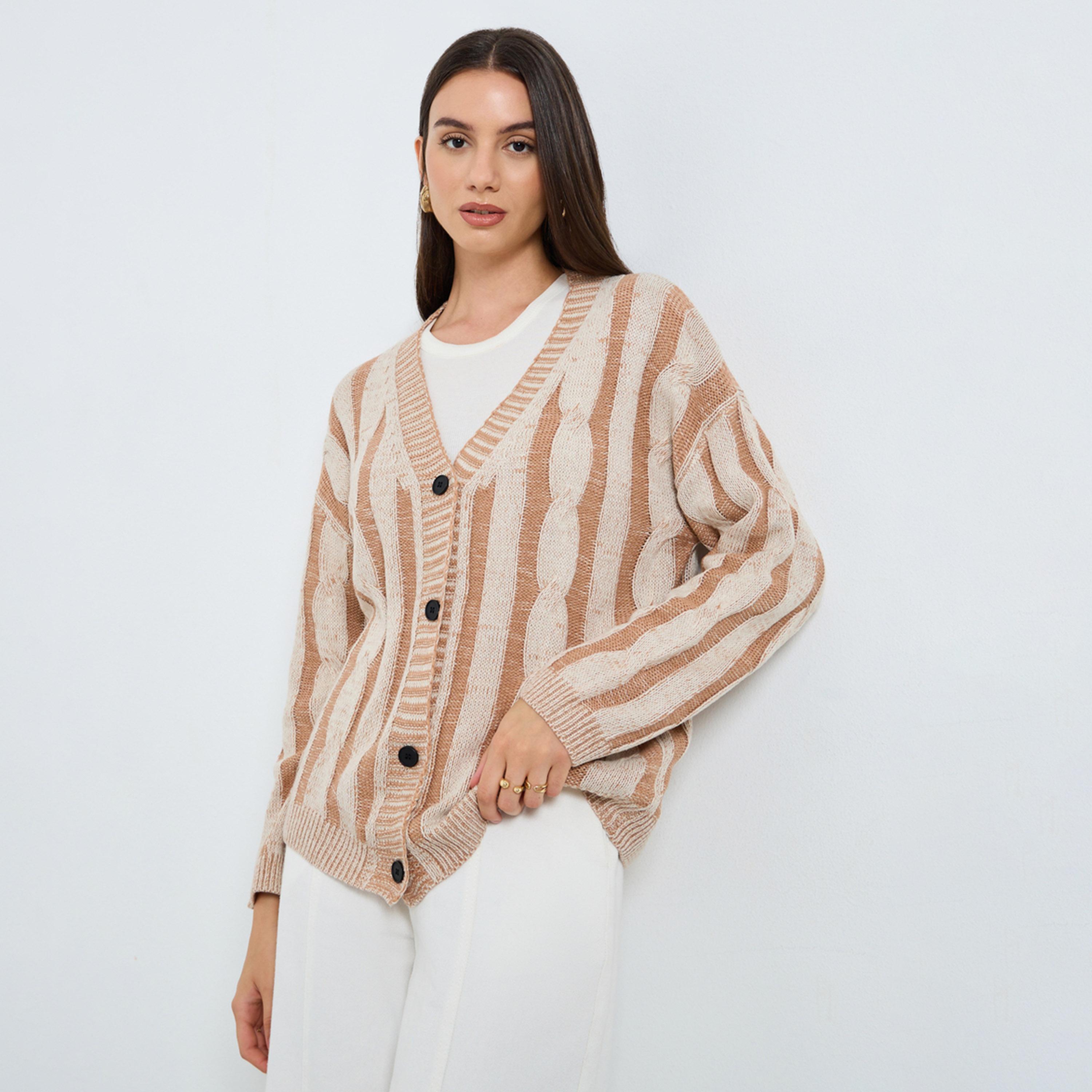 تيك تو - كارديغان مخطط لون بيج-women-clothing-cardigansandjumpers-cardigans-image-1