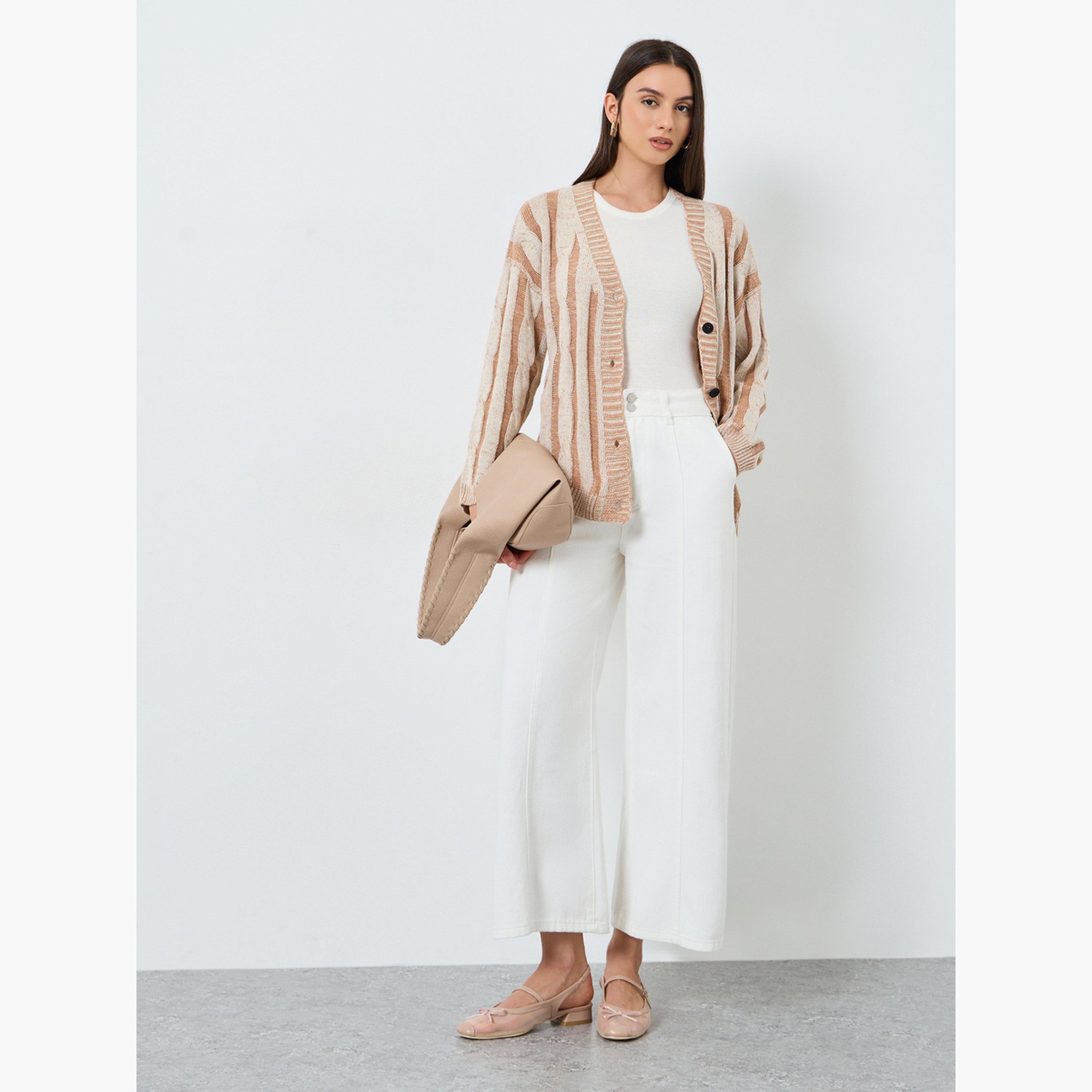 تيك تو - كارديغان مخطط لون بيج-women-clothing-cardigansandjumpers-cardigans-image-2