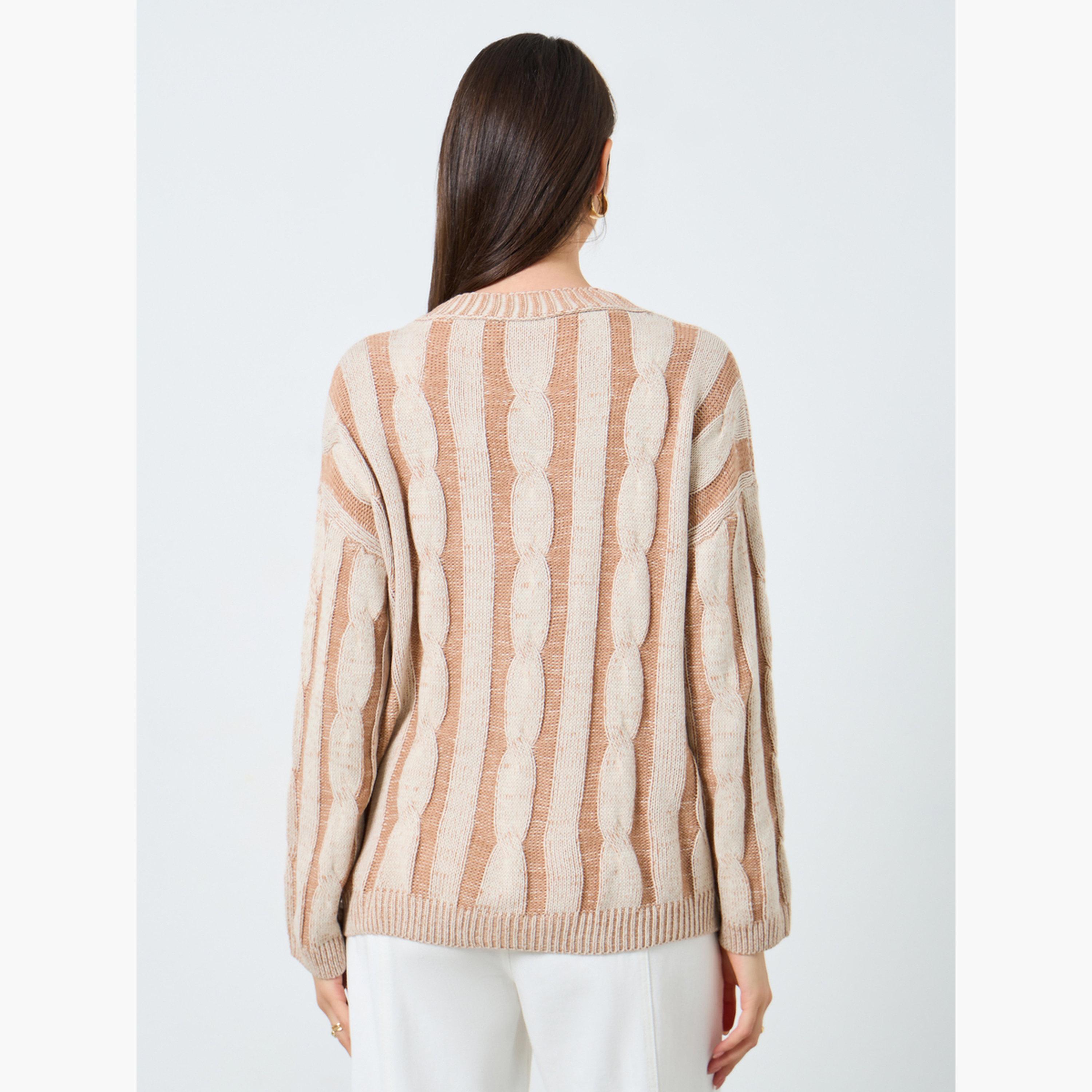 Take Two Beige Striped Cable Knit Cardigan-women-clothing-cardigansandjumpers-cardigans-image-3