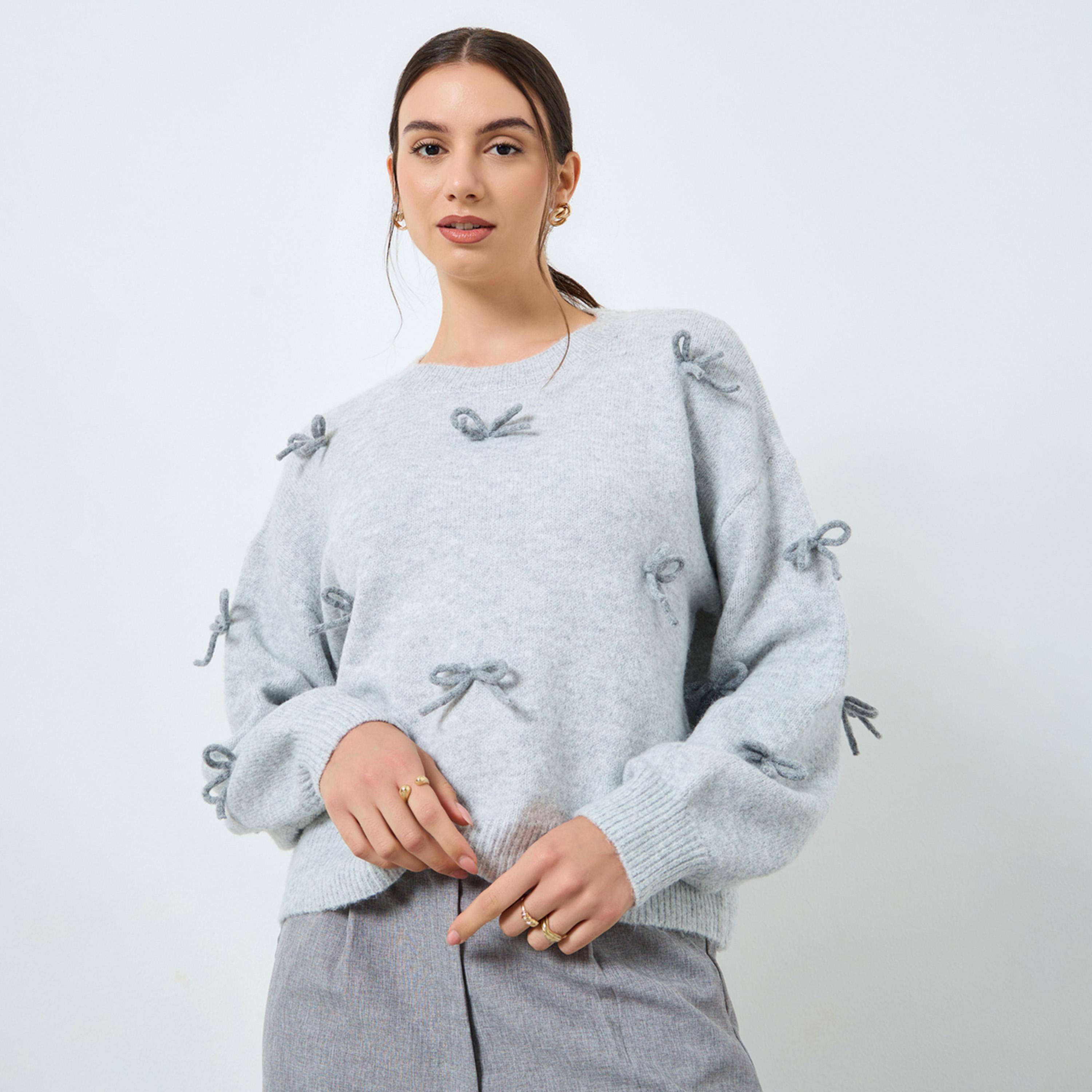 Take Two Grey Bow Detail Knitted Sweater-women-clothing-cardigansandjumpers-jumpers-image-1