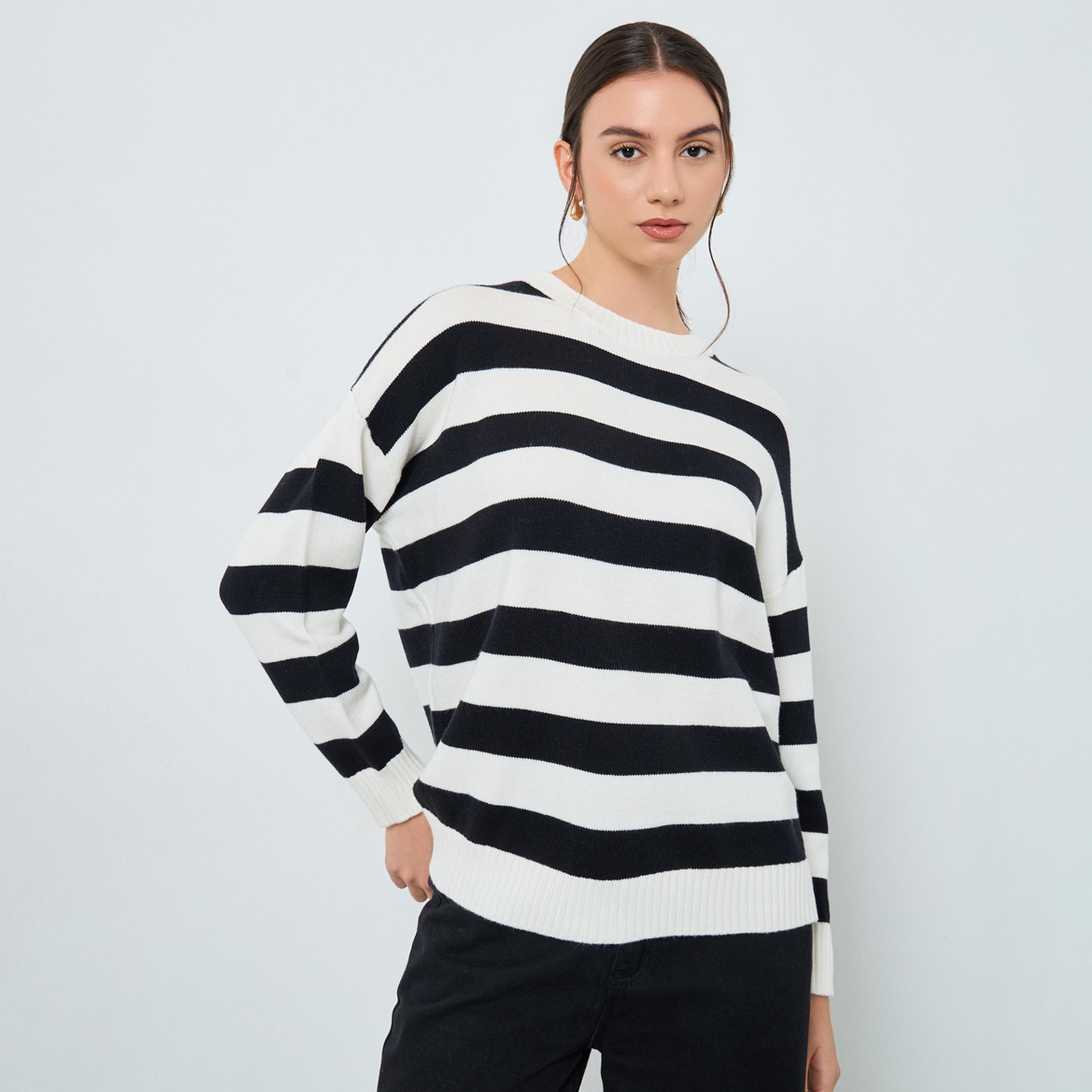تيك تو - سترة مخططة مريحة مع وشاح للرقبة-women-clothing-cardigansandjumpers-jumpers-image-5