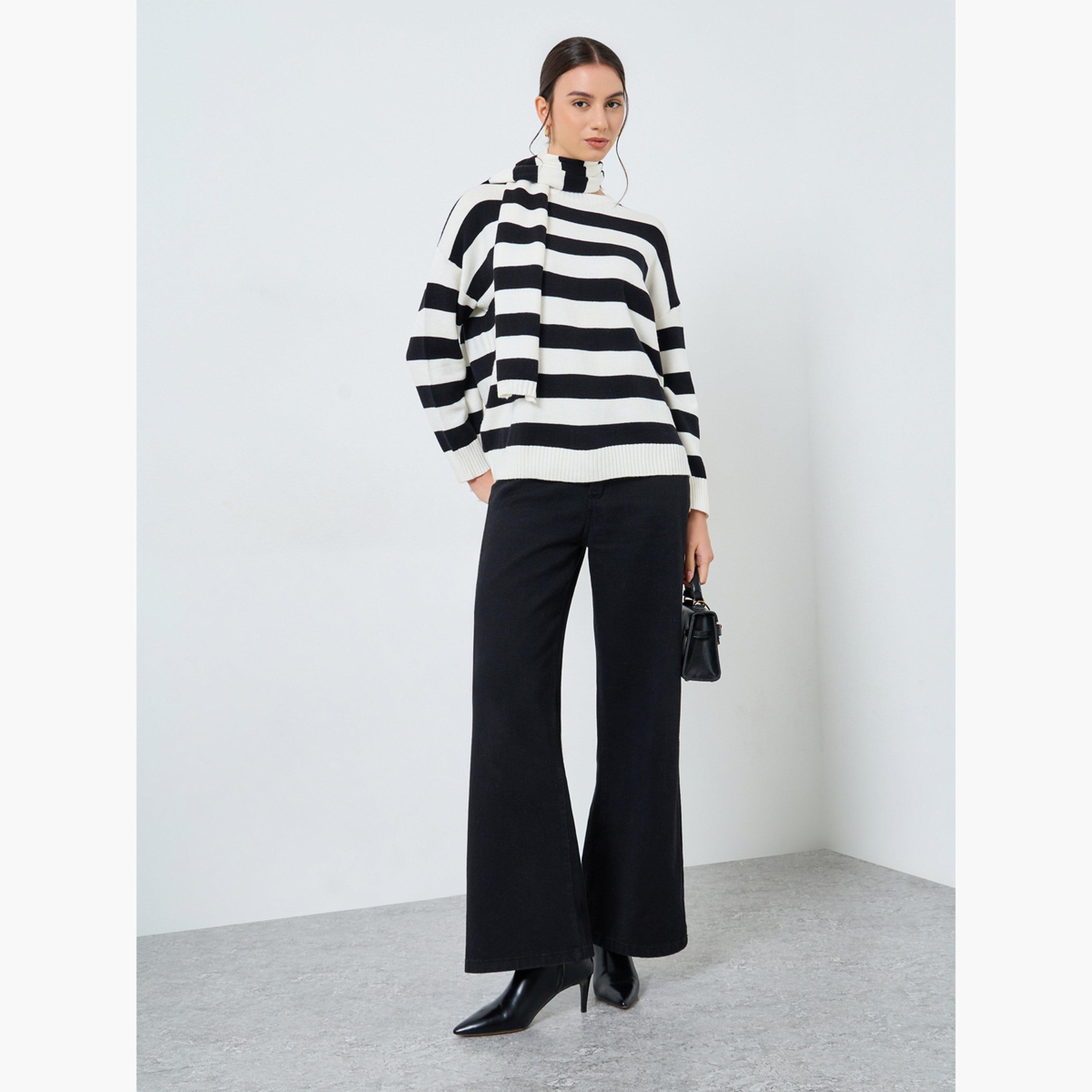 تيك تو - سترة مخططة مريحة مع وشاح للرقبة-women-clothing-cardigansandjumpers-jumpers-image-4