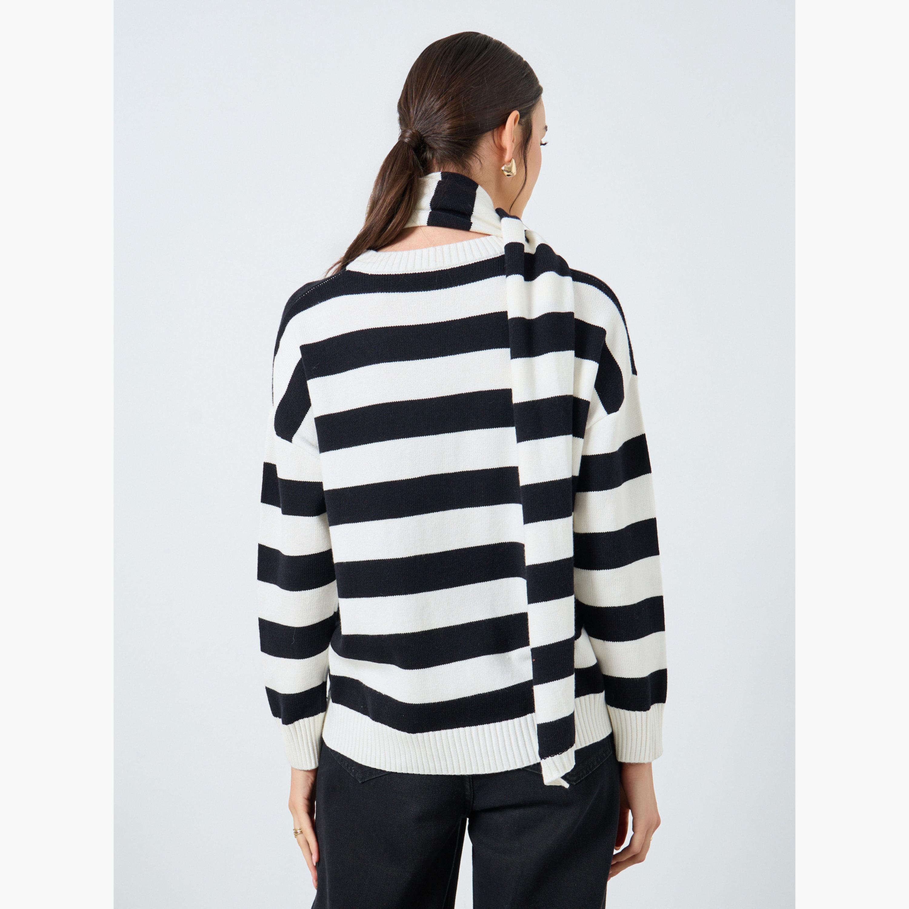 تيك تو - سترة مخططة مريحة مع وشاح للرقبة-women-clothing-cardigansandjumpers-jumpers-image-3