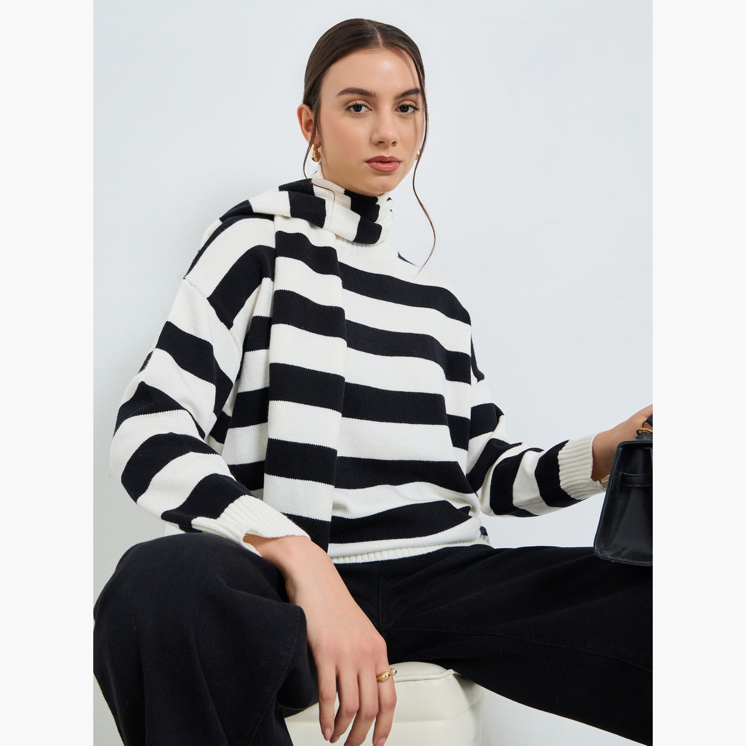 تيك تو - سترة مخططة مريحة مع وشاح للرقبة-women-clothing-cardigansandjumpers-jumpers-image-2