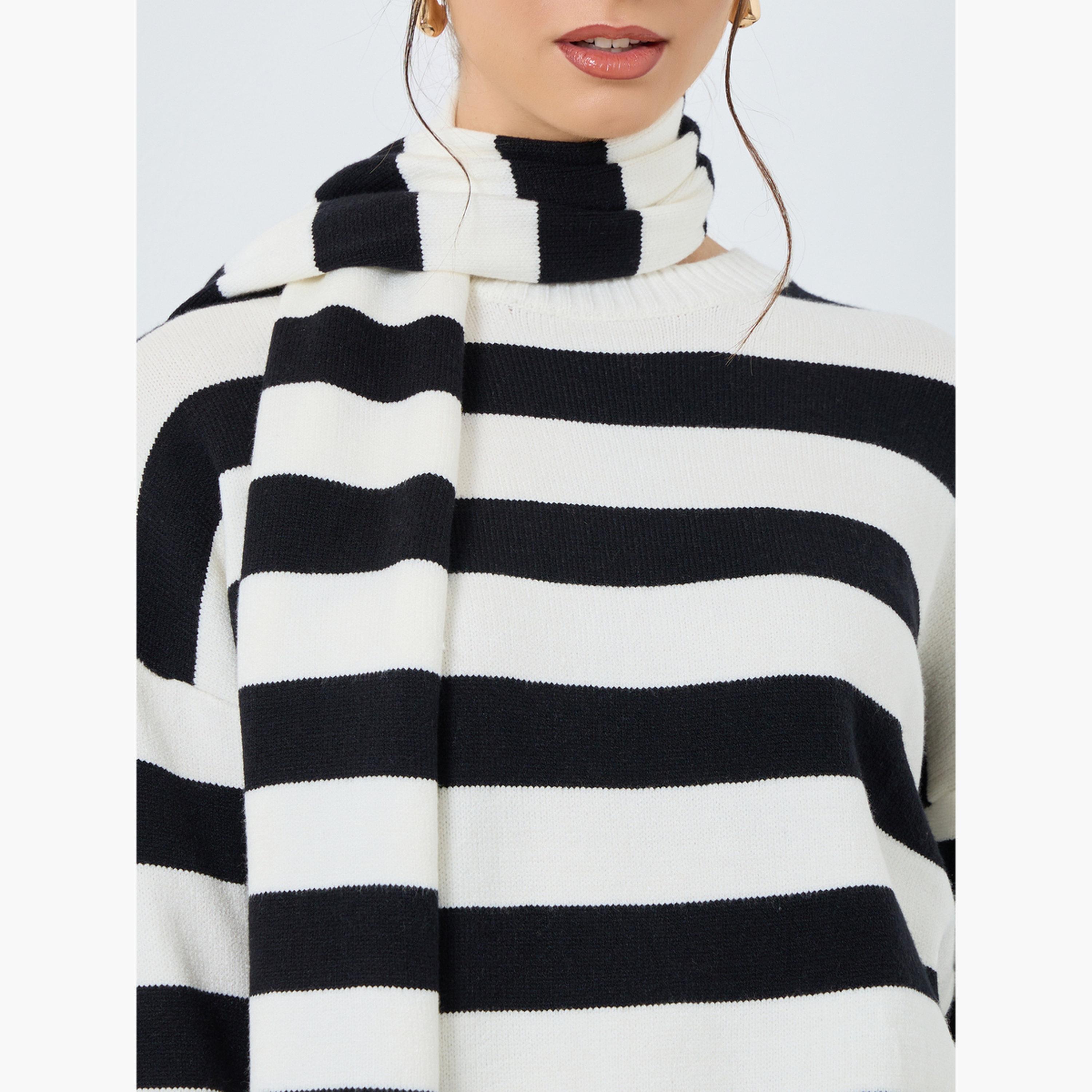 تيك تو - سترة مخططة مريحة مع وشاح للرقبة-women-clothing-cardigansandjumpers-jumpers-image-1