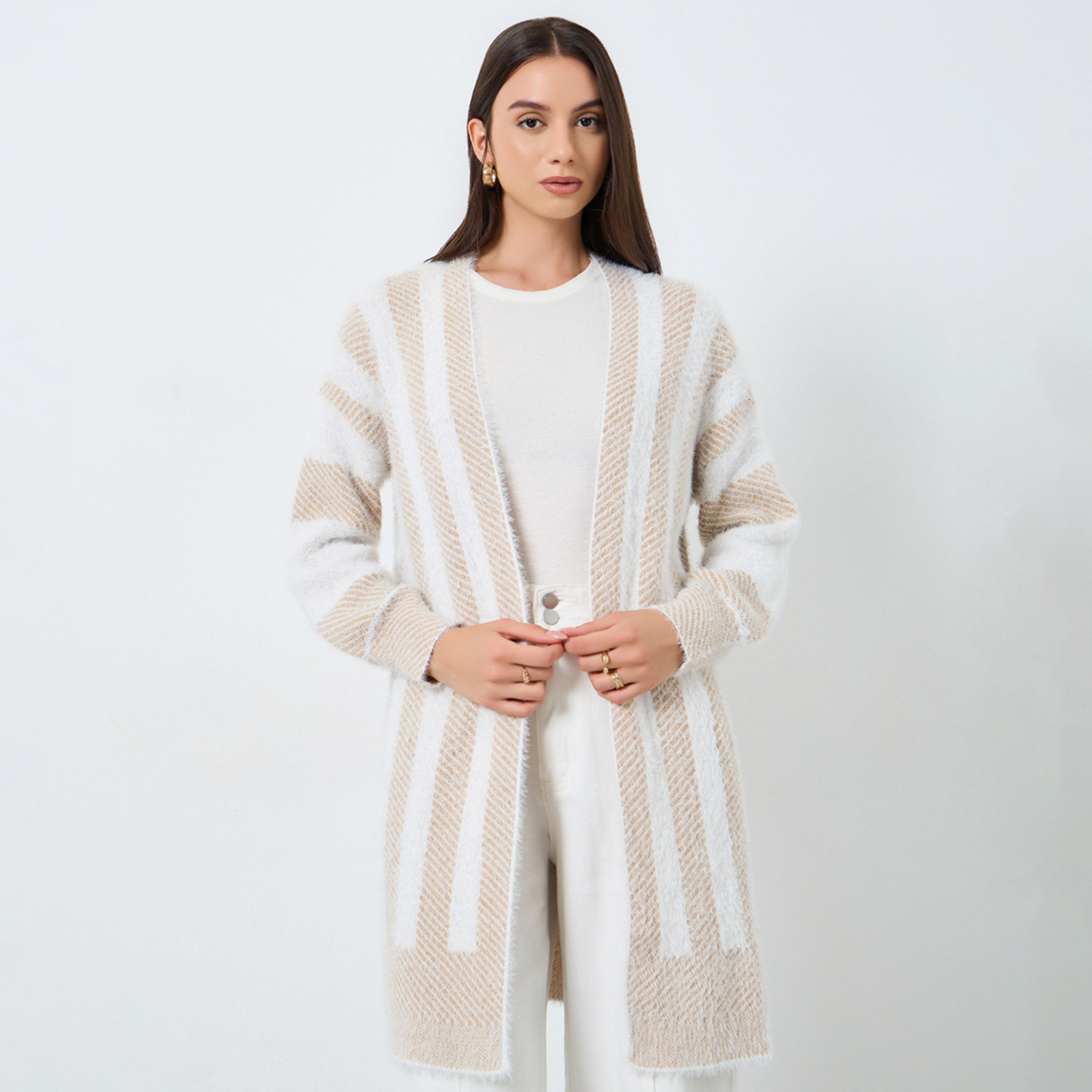 تيك تو - كارديغان محبوك مخطط مفتوح من الأمام-women-clothing-cardigansandjumpers-cardigans-image-1