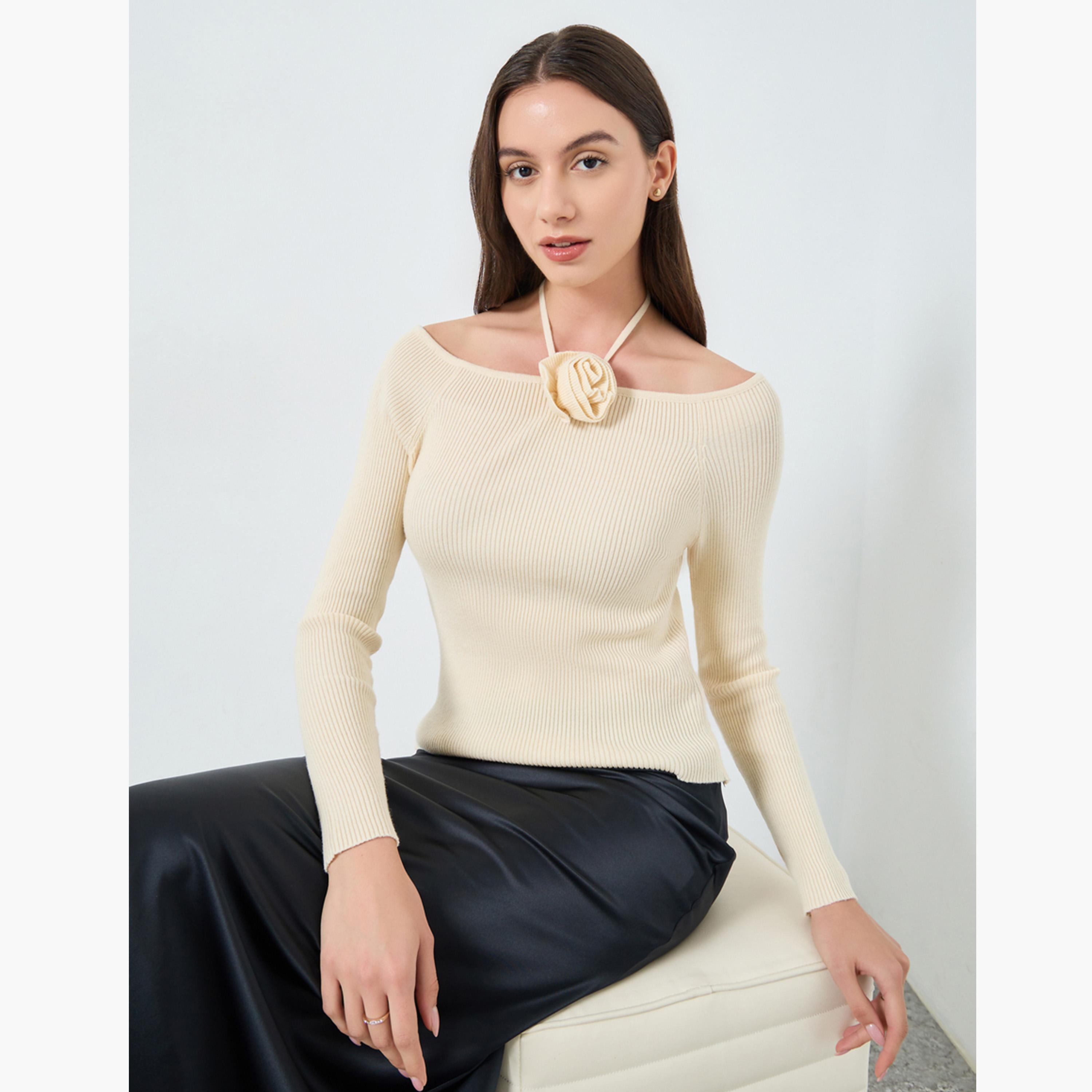 Take Two Solid Wide Neck Flower Detail Top-women-clothing-tshirts-image-1