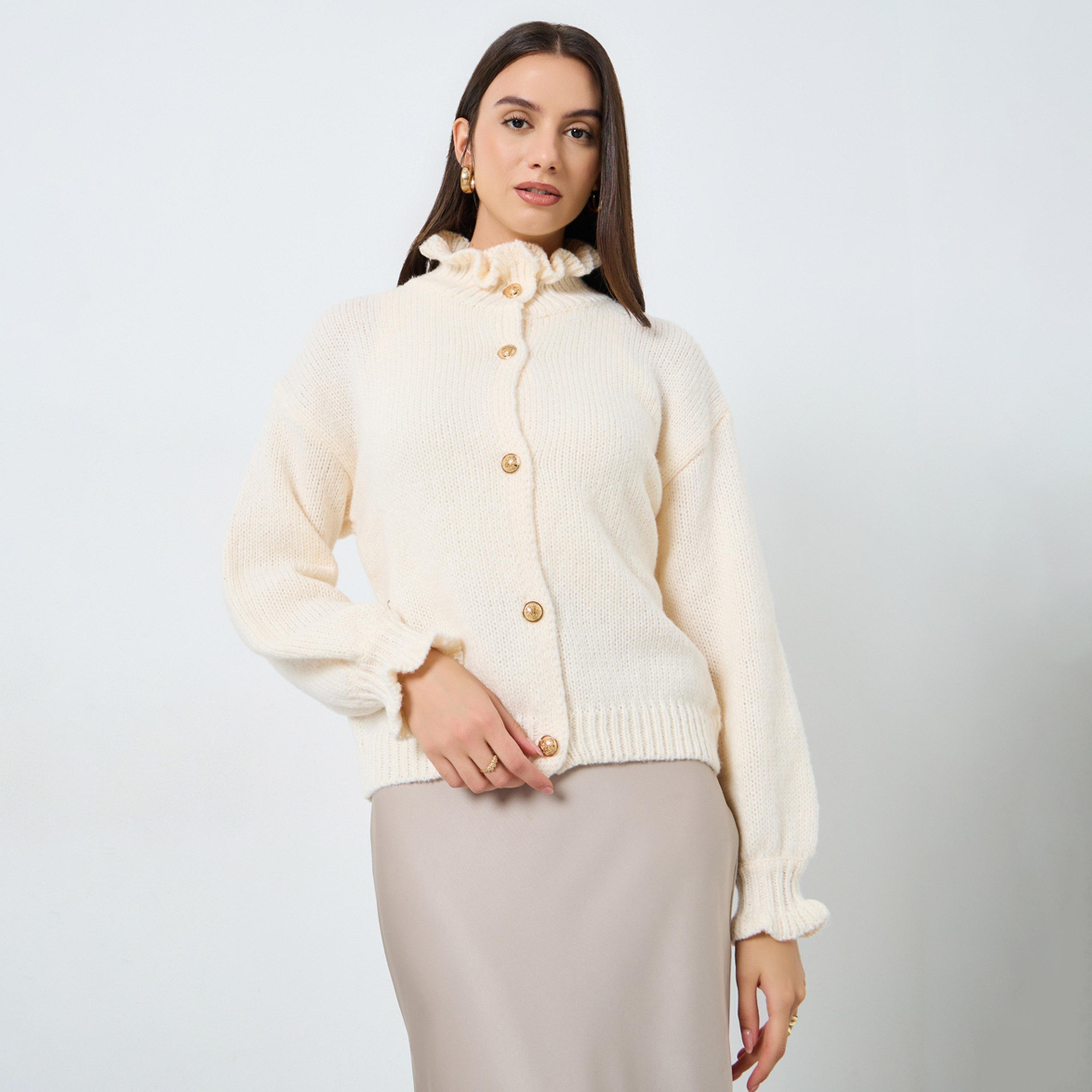 Take Two Cream Ruffled High Neck Knit Cardigan-women-clothing-cardigansandjumpers-cardigans-image-1
