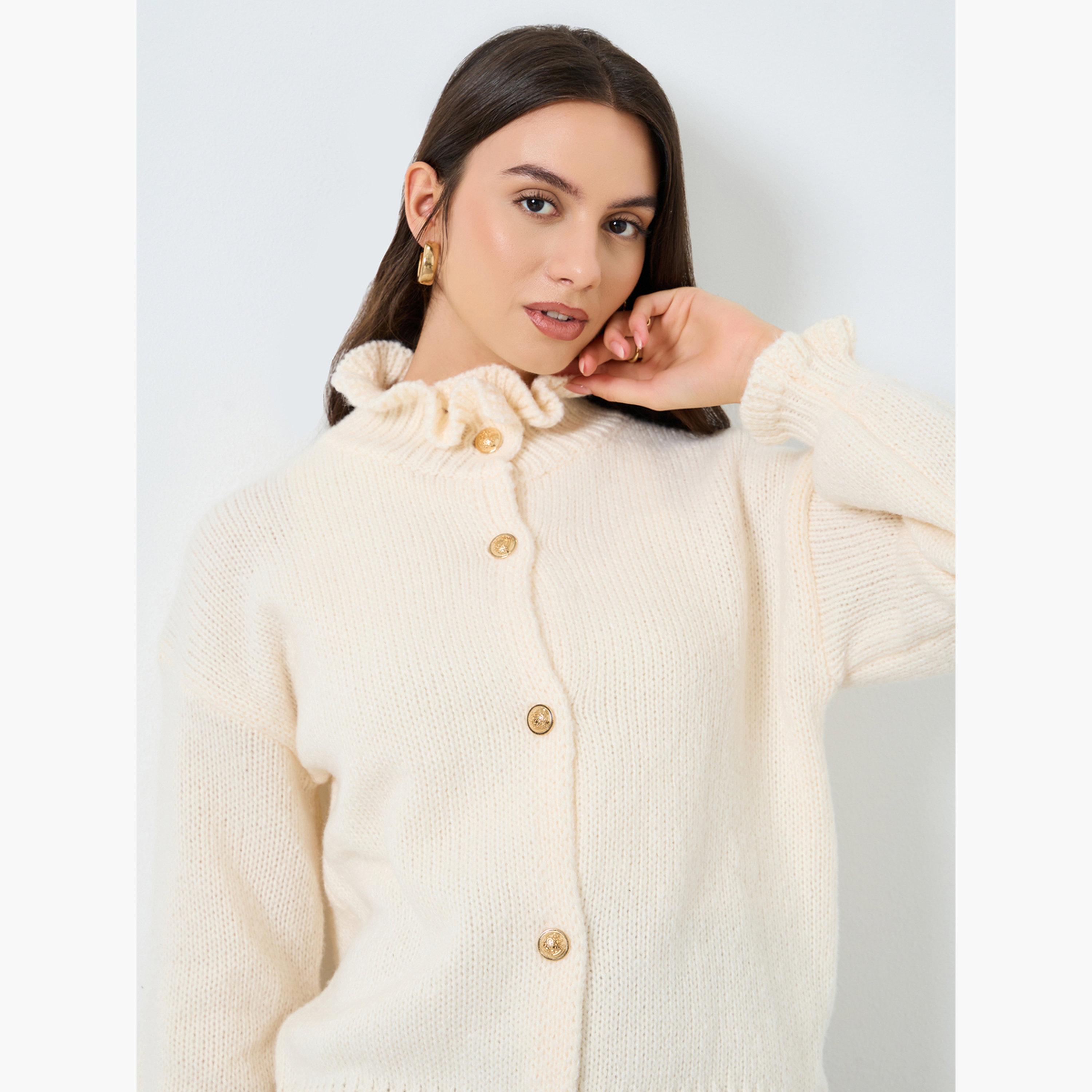 Take Two Cream Ruffled High Neck Knit Cardigan-women-clothing-cardigansandjumpers-cardigans-image-3