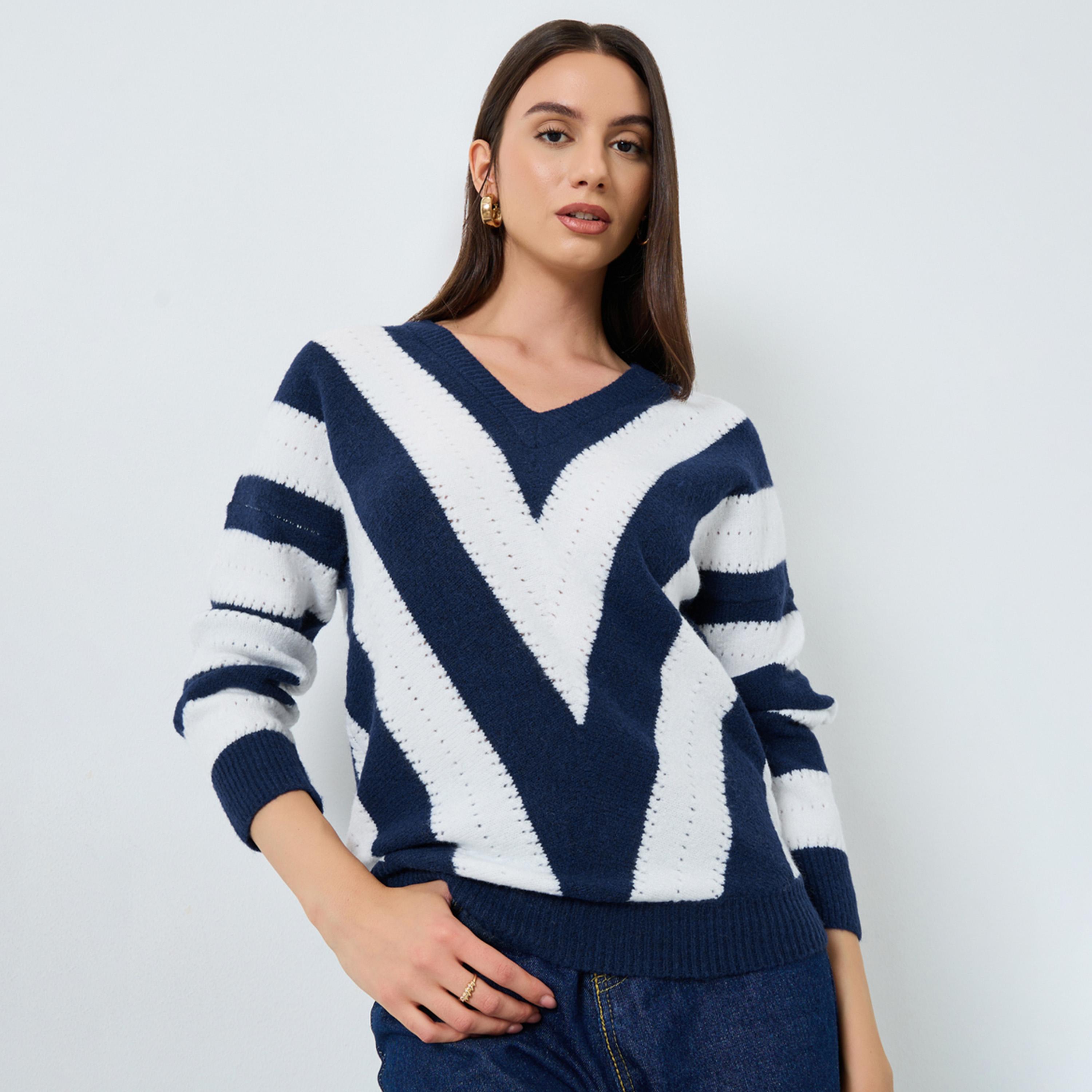تيك تو - سترة نسائية مخططة سميكة برقبة على شكل حرف V وأكمام طويلة-women-clothing-cardigansandjumpers-jumpers-image-1
