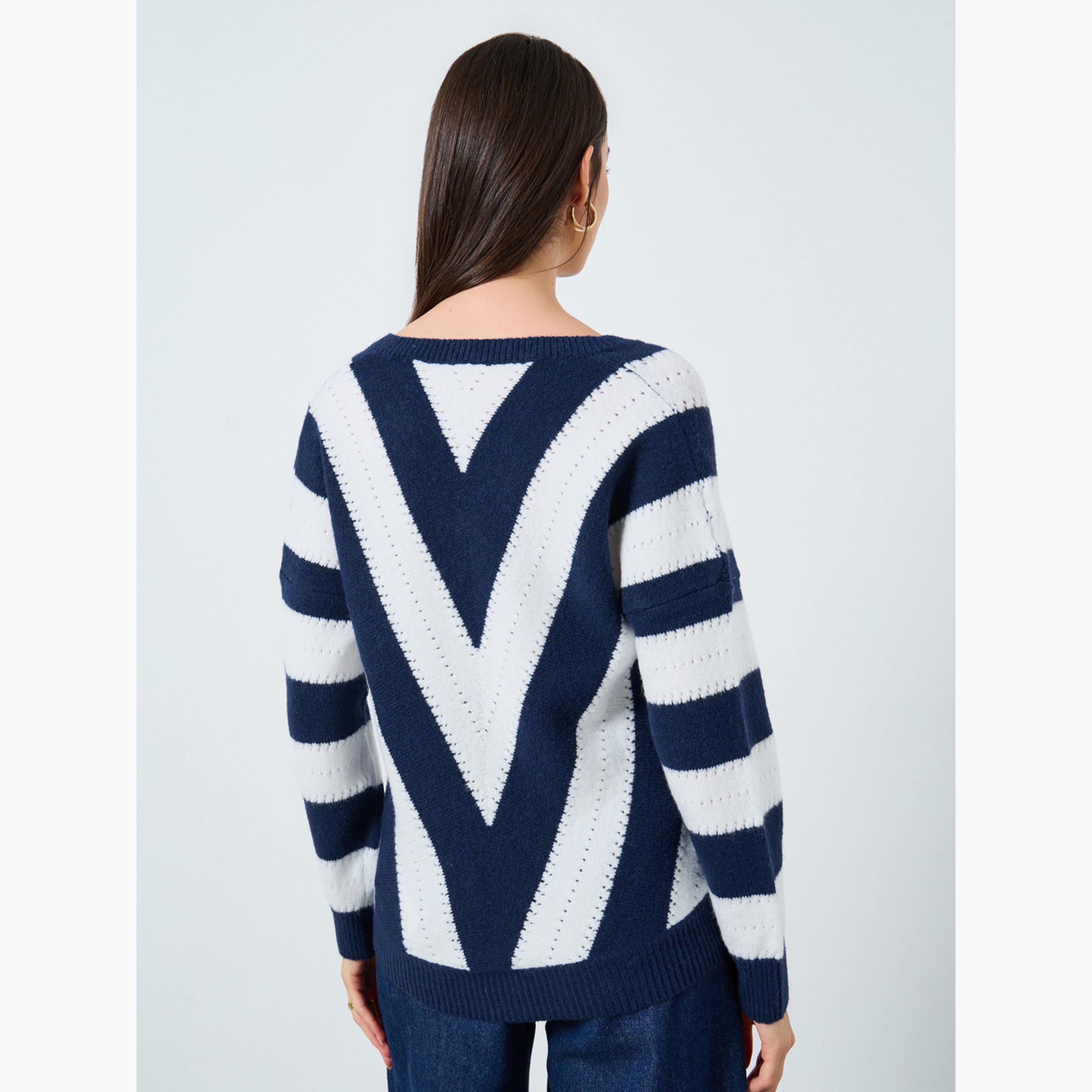 تيك تو - سترة نسائية مخططة سميكة برقبة على شكل حرف V وأكمام طويلة-women-clothing-cardigansandjumpers-jumpers-image-4