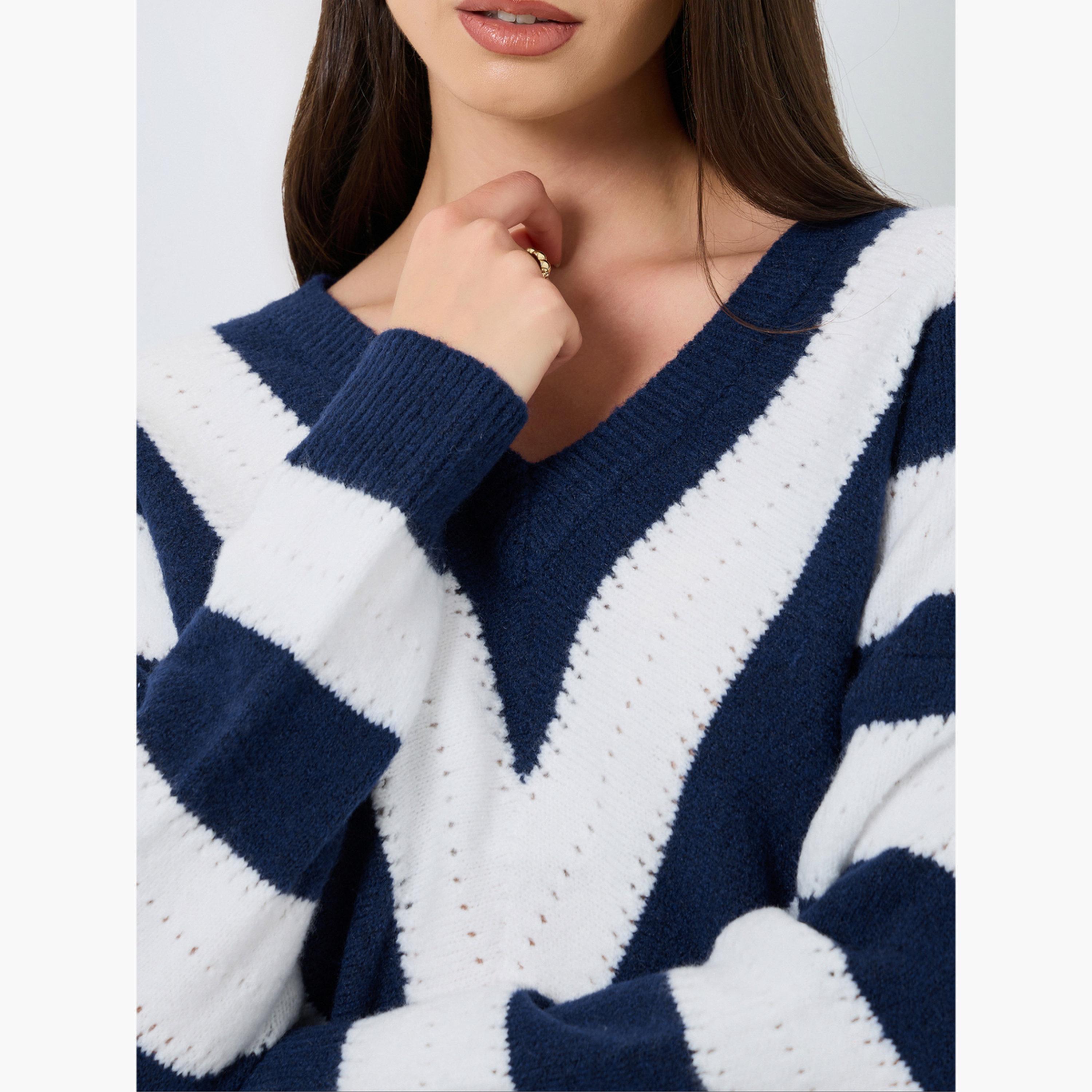 تيك تو - سترة نسائية مخططة سميكة برقبة على شكل حرف V وأكمام طويلة-women-clothing-cardigansandjumpers-jumpers-image-5