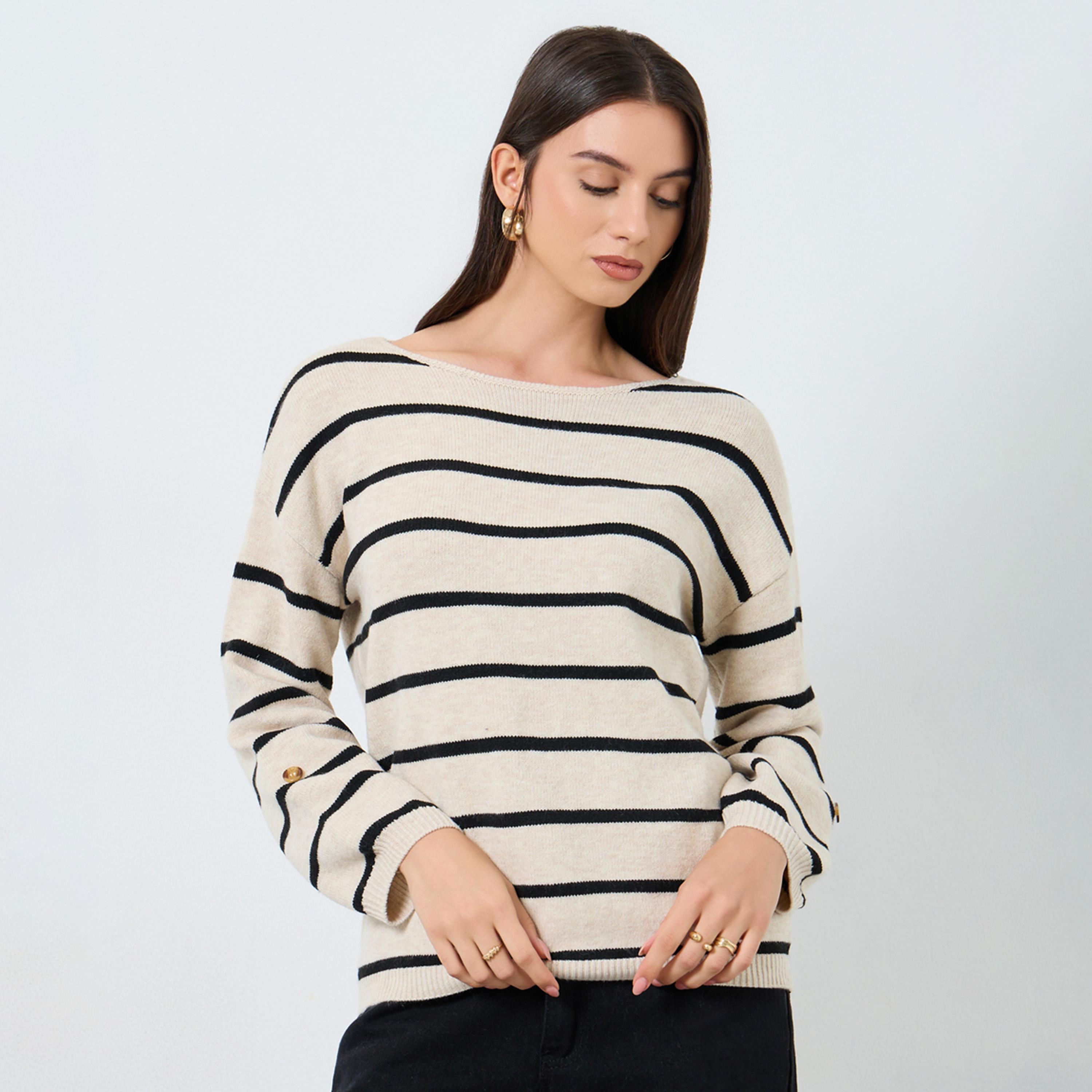 تيك تو - سترة مخططة لون بيج بفتحة رقبة على شكل قارب-women-clothing-cardigansandjumpers-jumpers-image-1