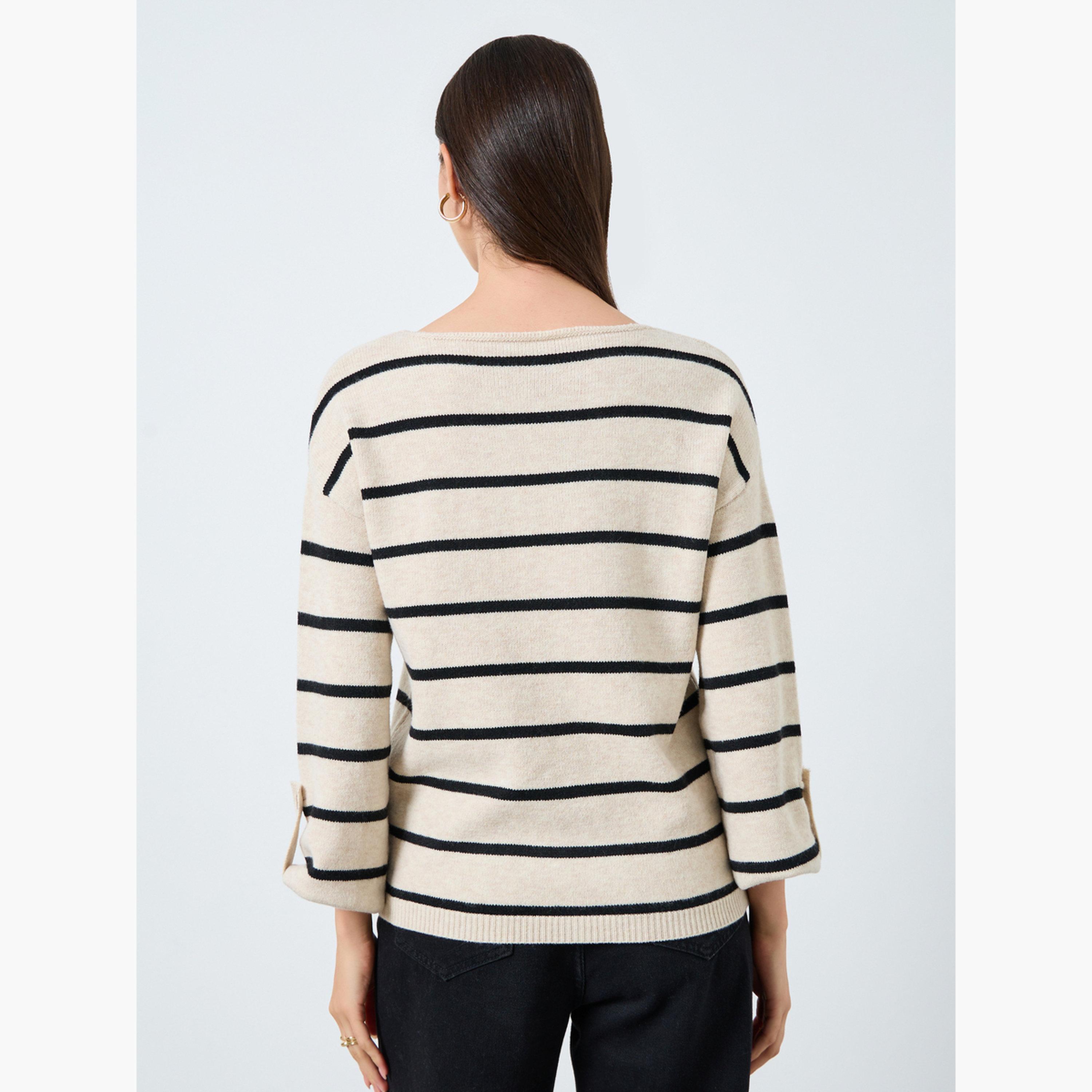 تيك تو - سترة مخططة لون بيج بفتحة رقبة على شكل قارب-women-clothing-cardigansandjumpers-jumpers-image-3