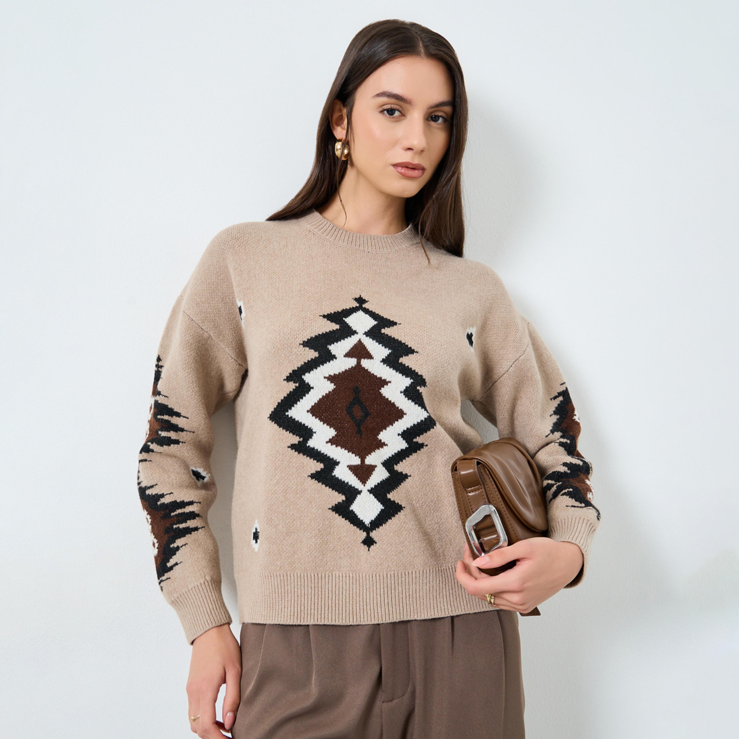 Take Two Beige Tribal Pattern Knit Sweater-women-clothing-cardigansandjumpers-jumpers-image-1