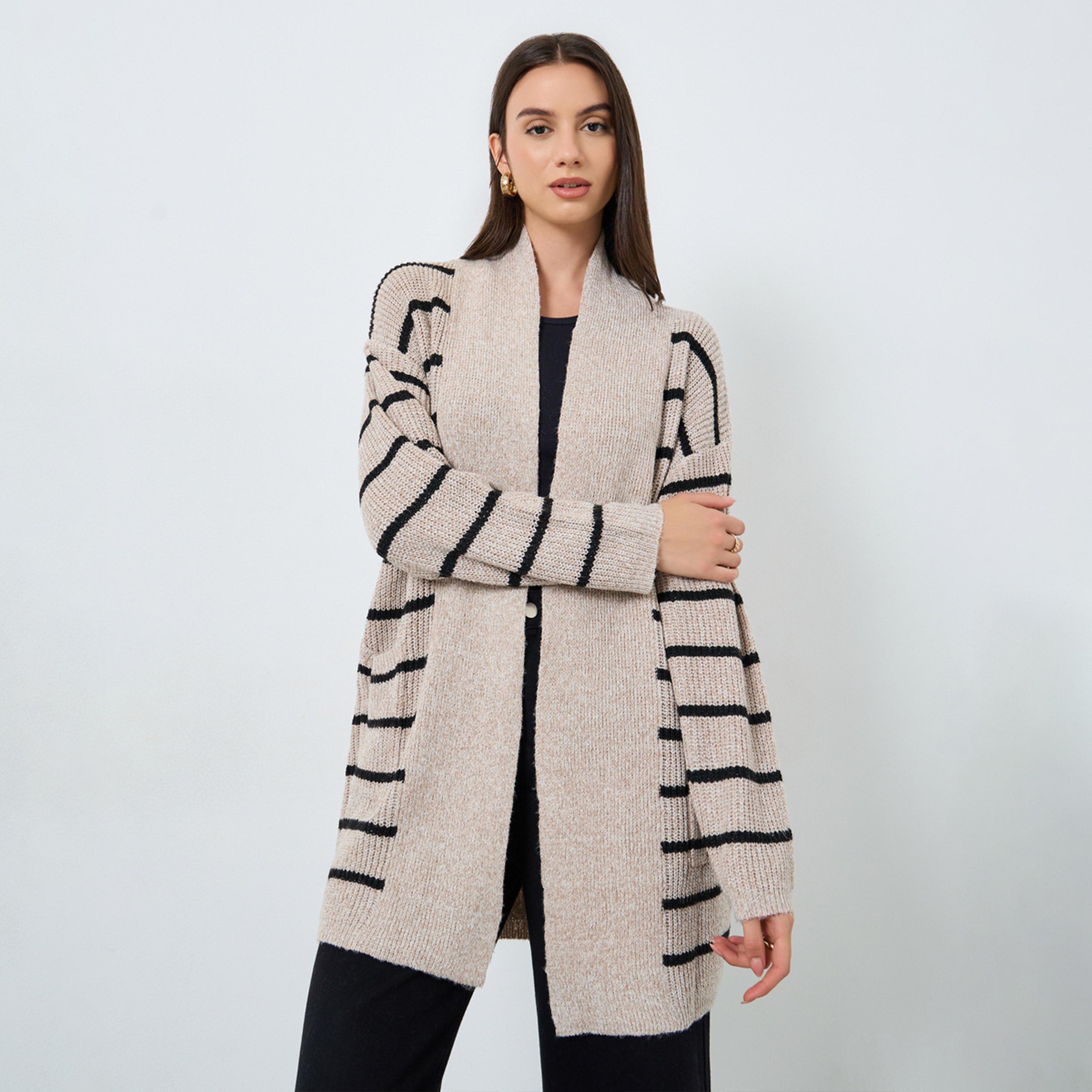 Take Two Beige Striped Longline Cardigan-women-clothing-cardigansandjumpers-cardigans-image-1