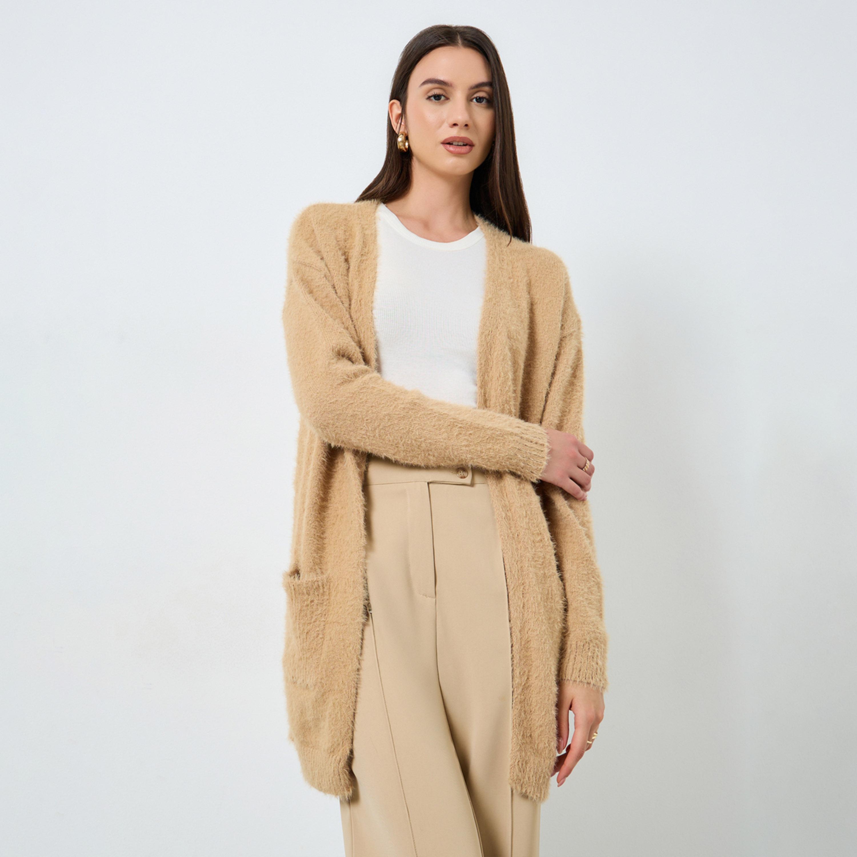 Take Two Khaki Furry Knit Longline Cardigan-women-clothing-cardigansandjumpers-cardigans-image-1