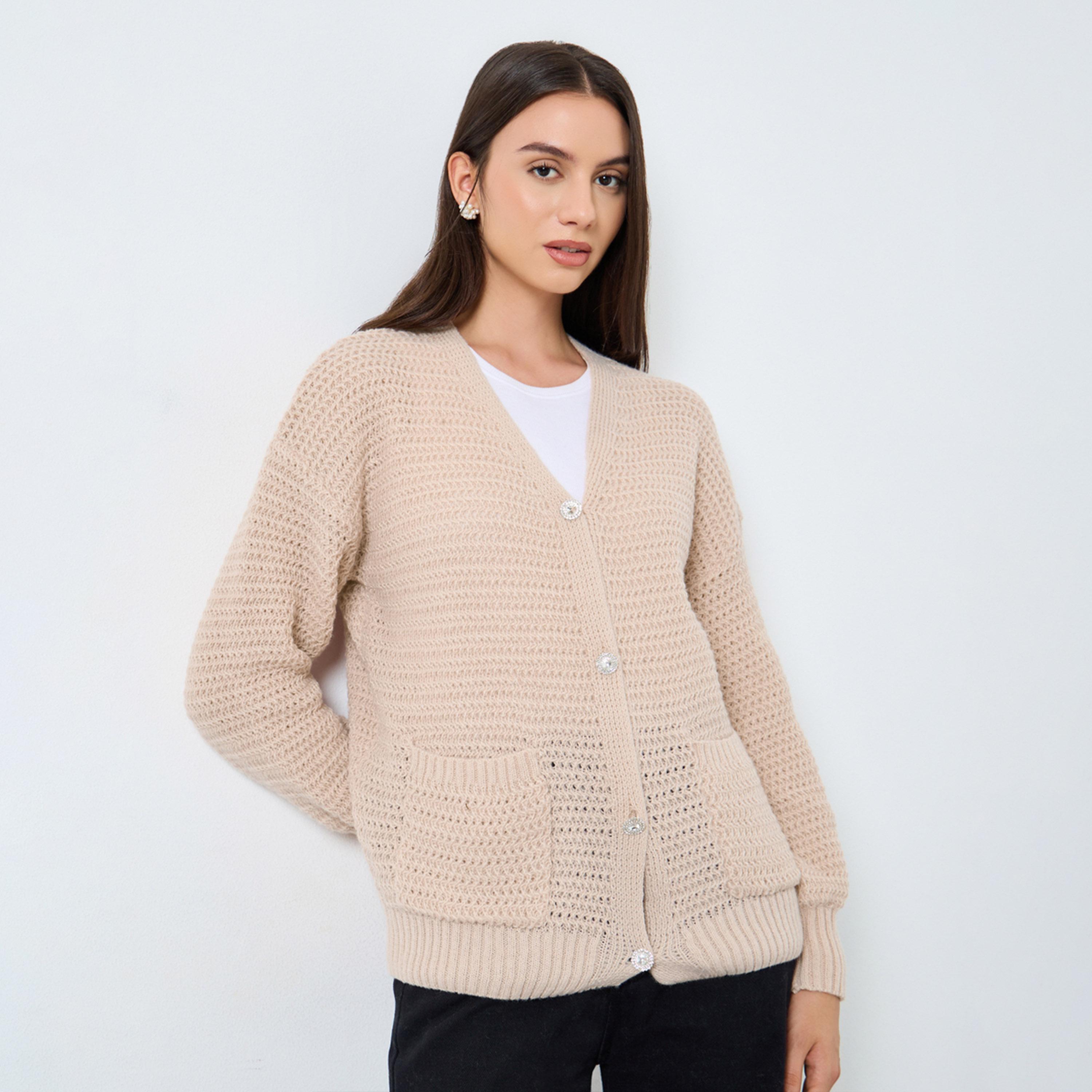Take Two Beige Chunky Knit Cardigan with Patch Pocket-women-clothing-cardigansandjumpers-cardigans-image-1