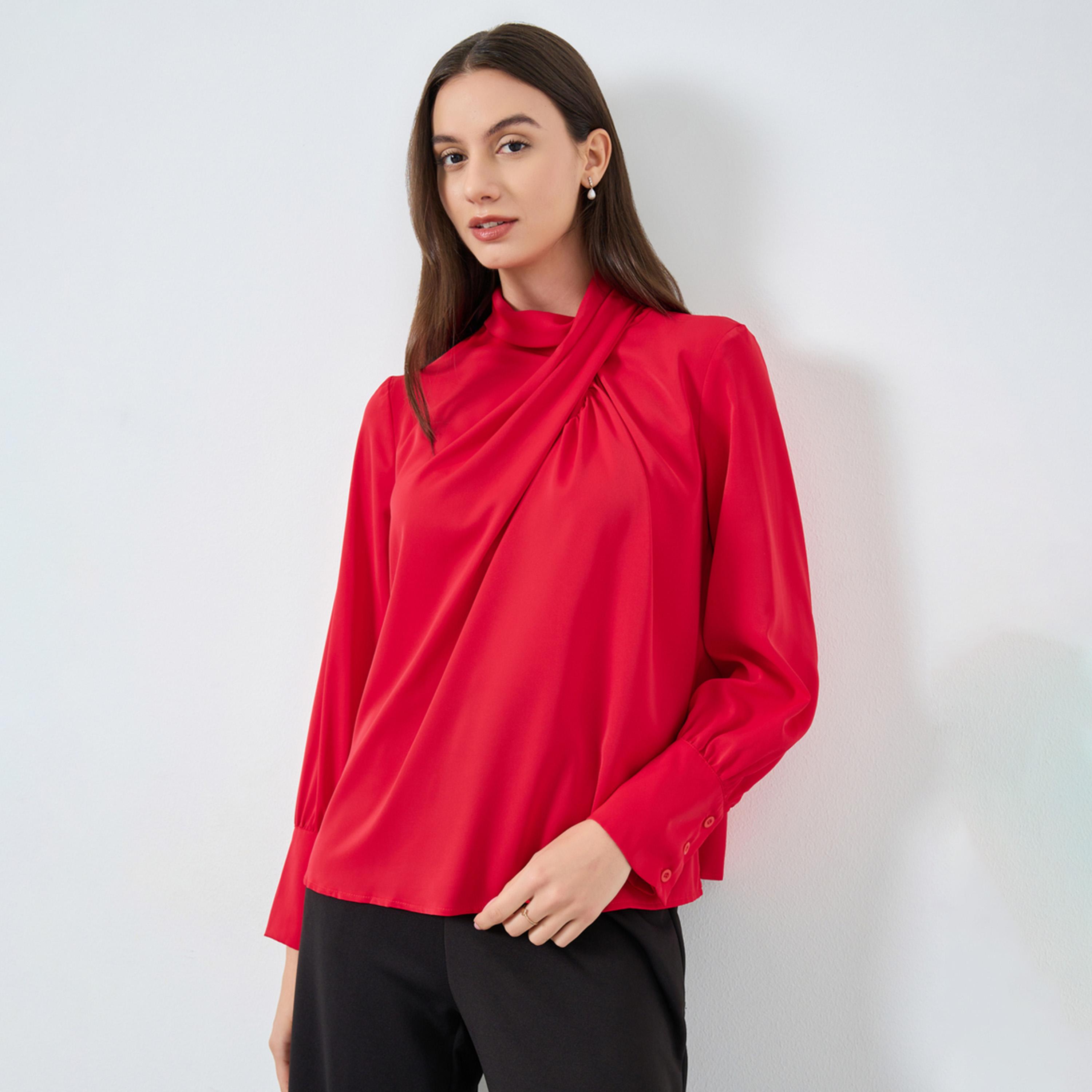 تيك تو - بلوزة سادة بأكمام طويلة وياقة متقاطعة-women-clothing-shirtsandblouses-blouses-image-1
