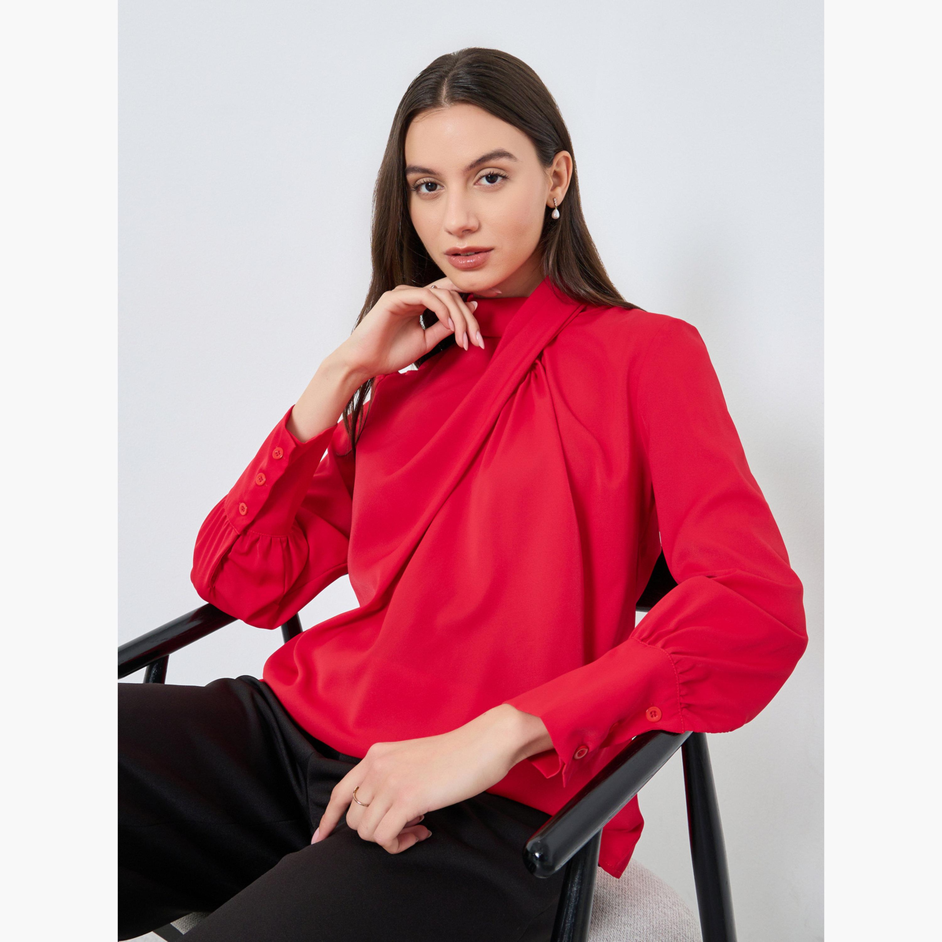 تيك تو - بلوزة سادة بأكمام طويلة وياقة متقاطعة-women-clothing-shirtsandblouses-blouses-image-3