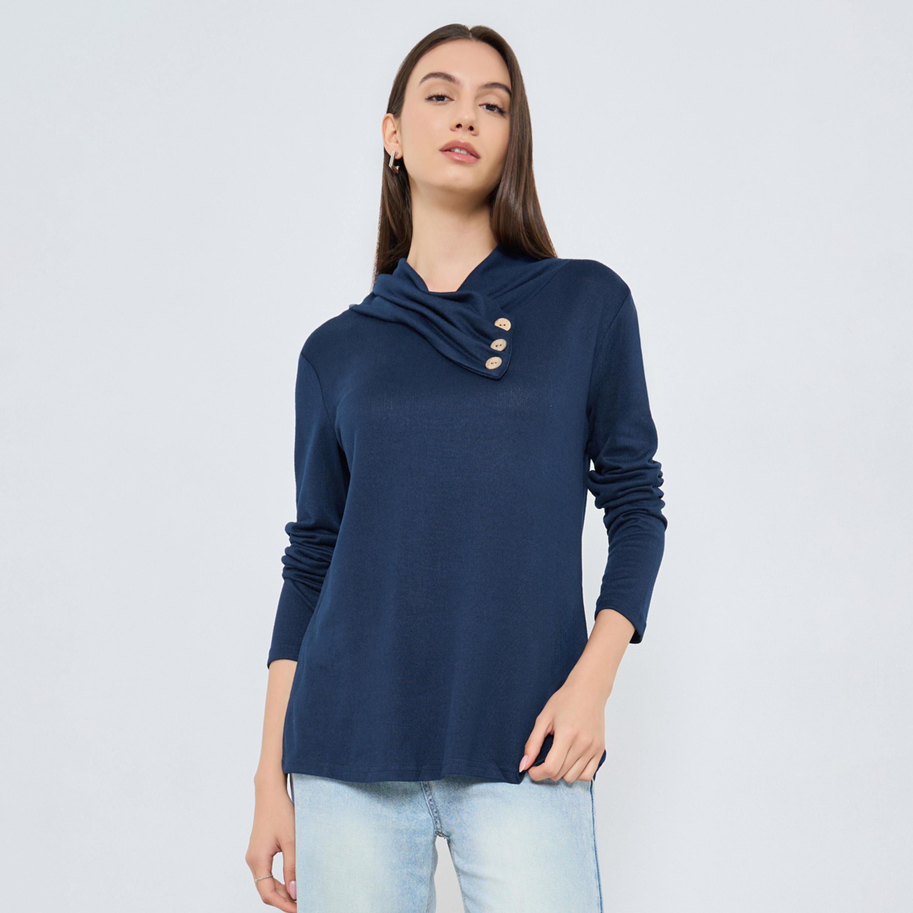 Take Two Navy Blue Long Sleeve Top with Button Detail-women-clothing-shirtsandblouses-shirts-image-1