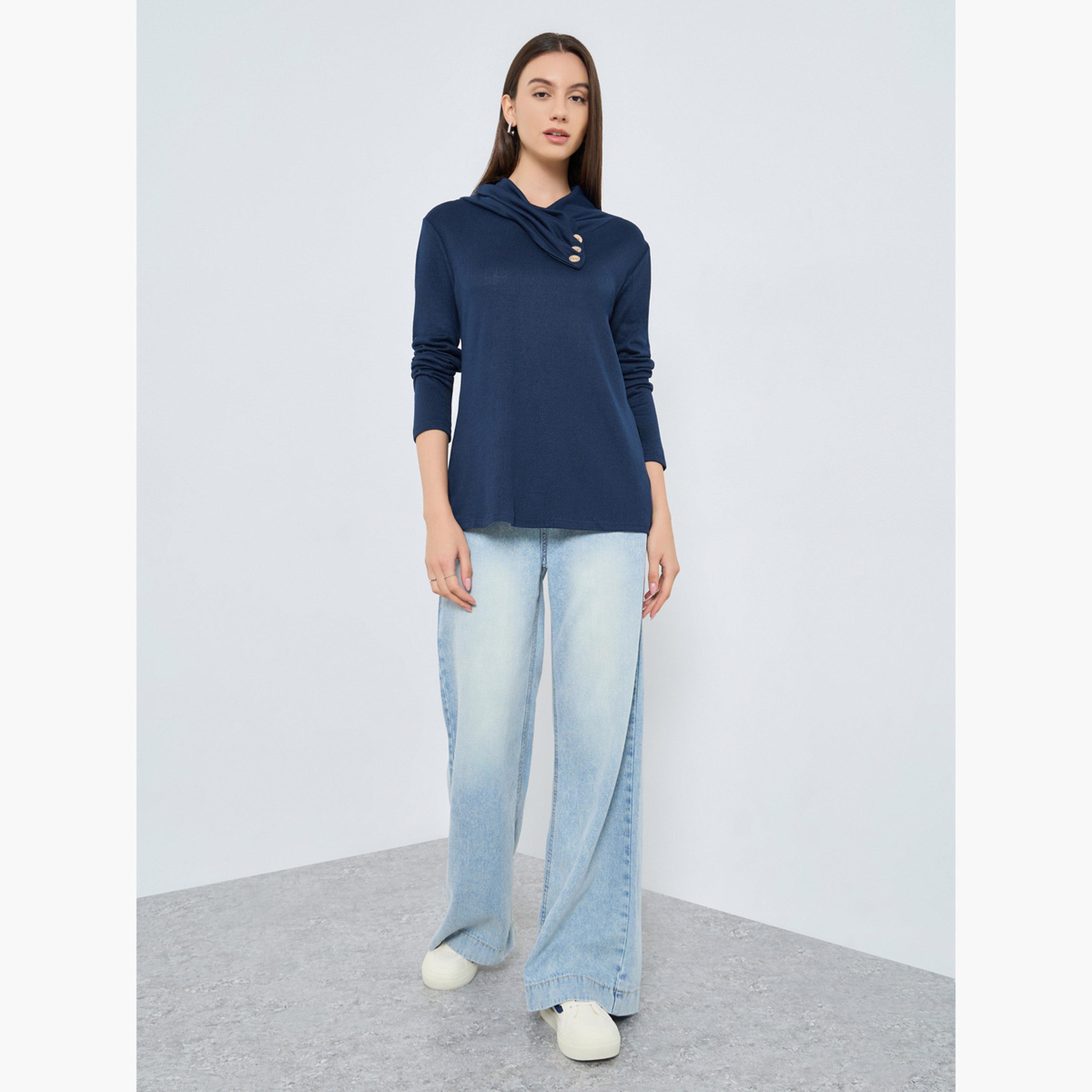 Take Two Navy Blue Long Sleeve Top with Button Detail-women-clothing-shirtsandblouses-shirts-image-2