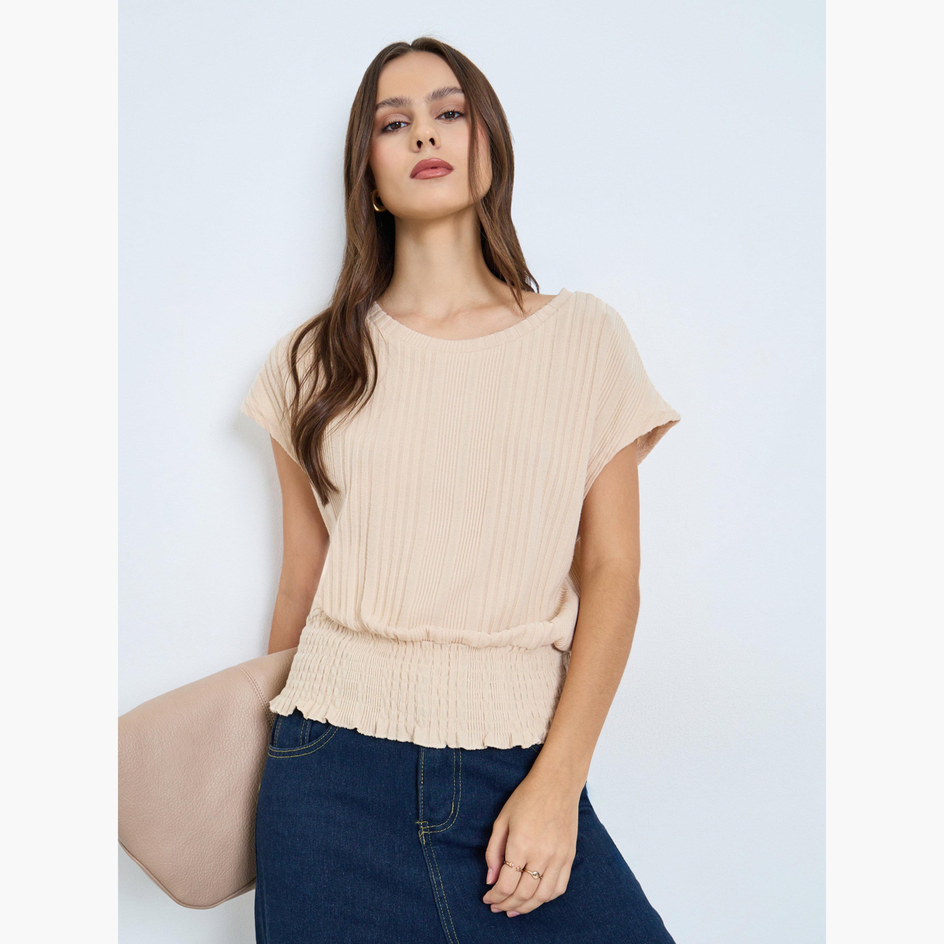 تيك تو - بلوزة نسائية سادة برقبة دائرية وخصر ملائم وأكمام قصيرة-women-clothing-shirtsandblouses-blouses-image-1