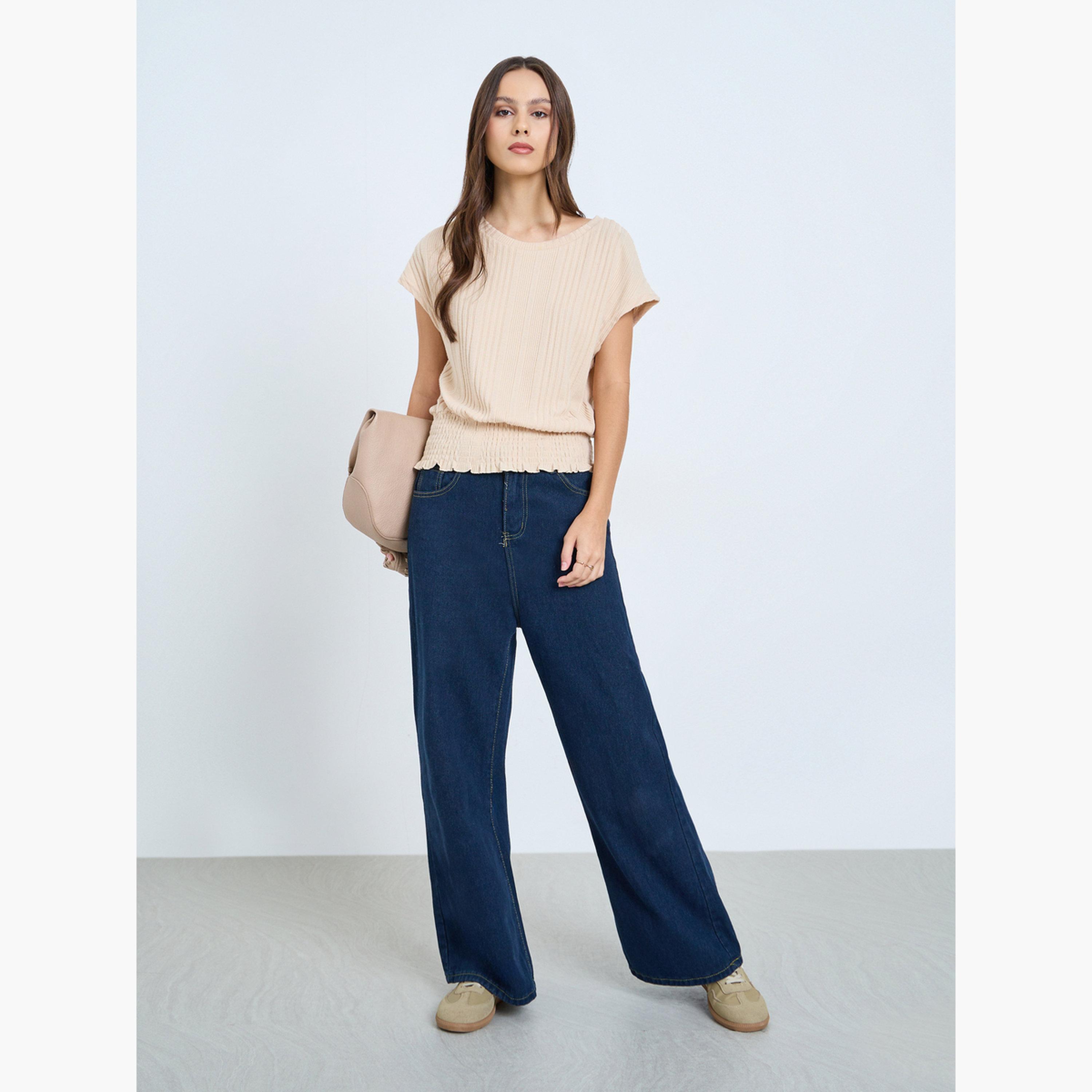 تيك تو - بلوزة نسائية سادة برقبة دائرية وخصر ملائم وأكمام قصيرة-women-clothing-shirtsandblouses-blouses-image-2