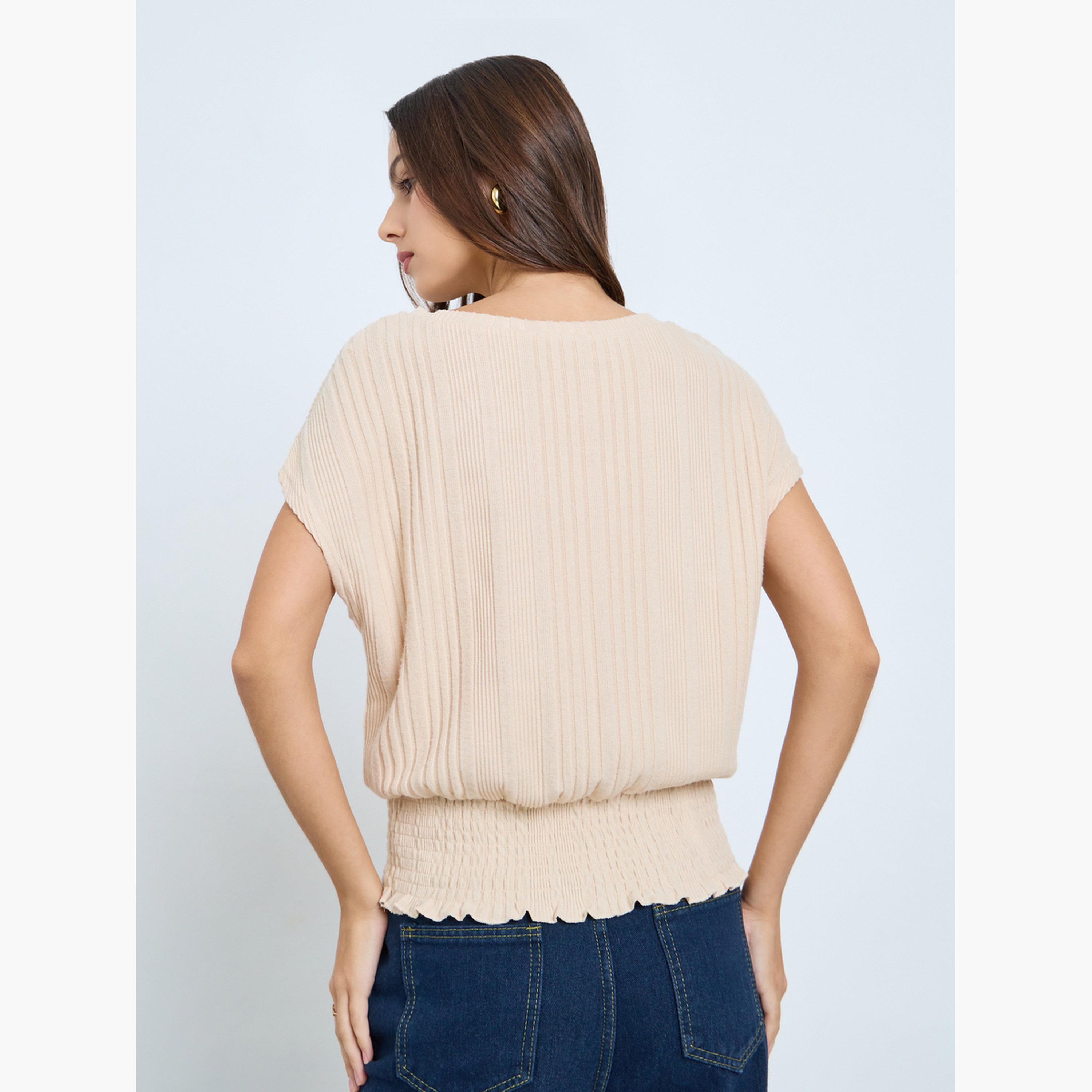 تيك تو - بلوزة نسائية سادة برقبة دائرية وخصر ملائم وأكمام قصيرة-women-clothing-shirtsandblouses-blouses-image-3