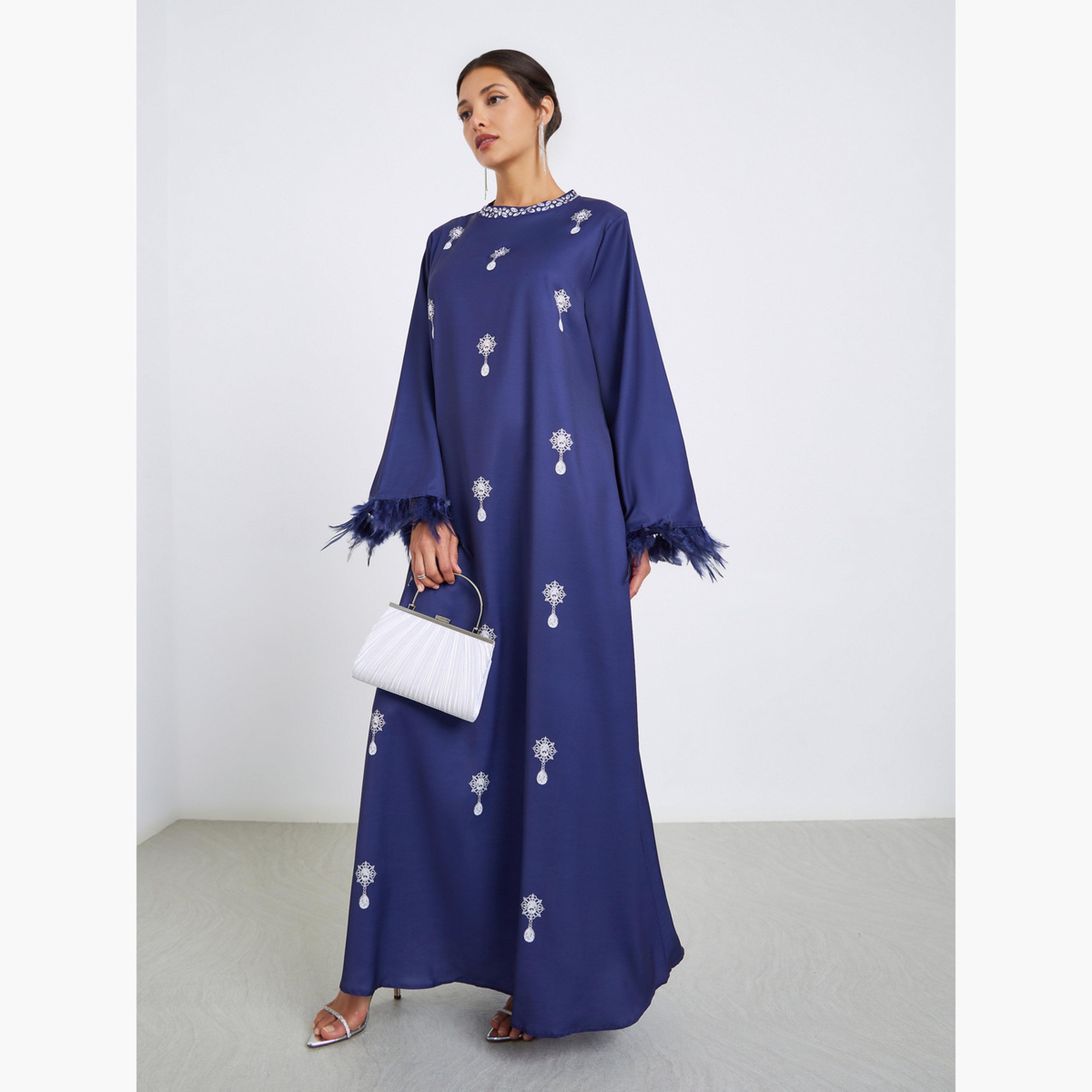 جلابية بطبعة جرافيك وتفاصيل ريش-women-arabicclothing-jalabiyas-image-1