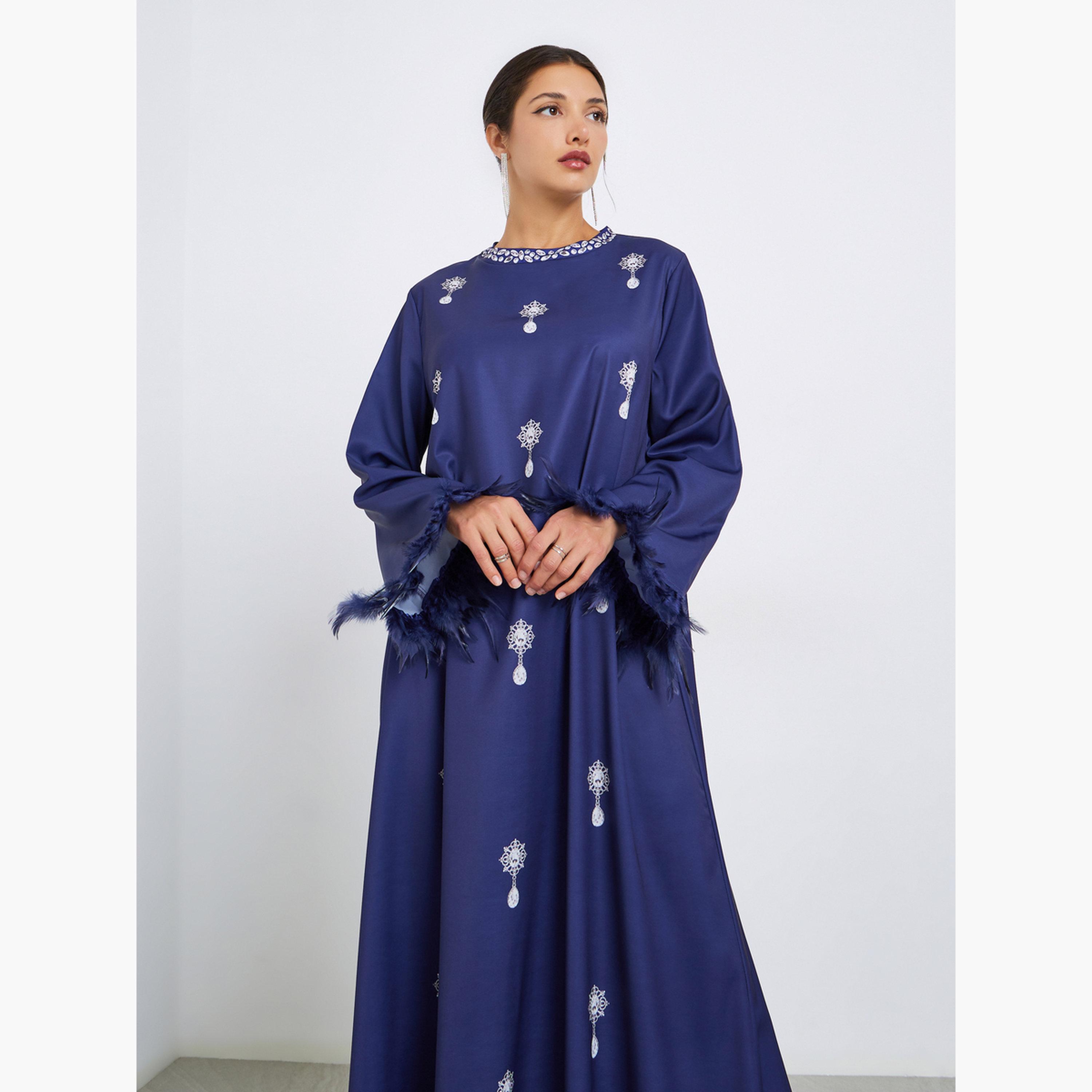 جلابية بطبعة جرافيك وتفاصيل ريش-women-arabicclothing-jalabiyas-image-3