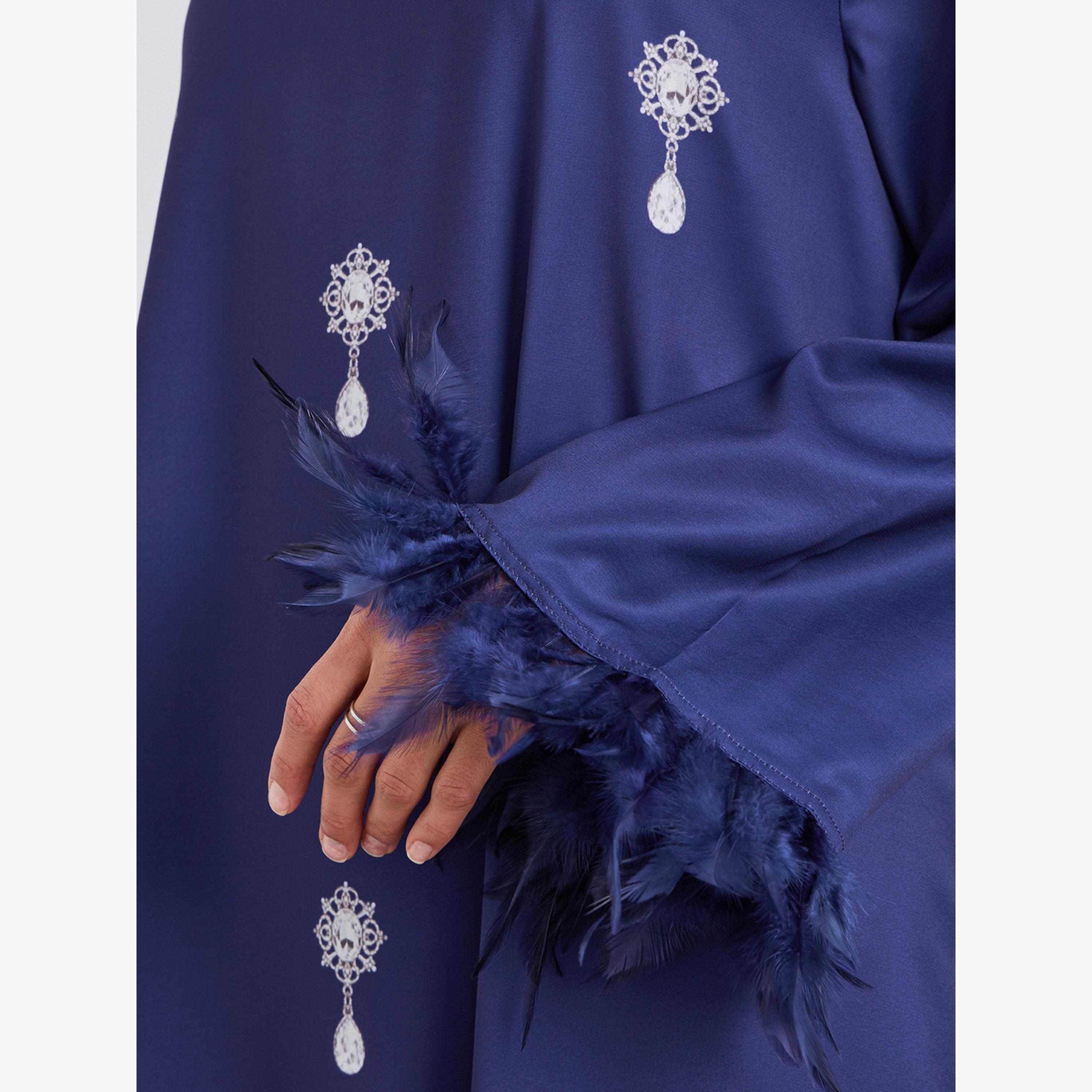 جلابية بطبعة جرافيك وتفاصيل ريش-women-arabicclothing-jalabiyas-image-4