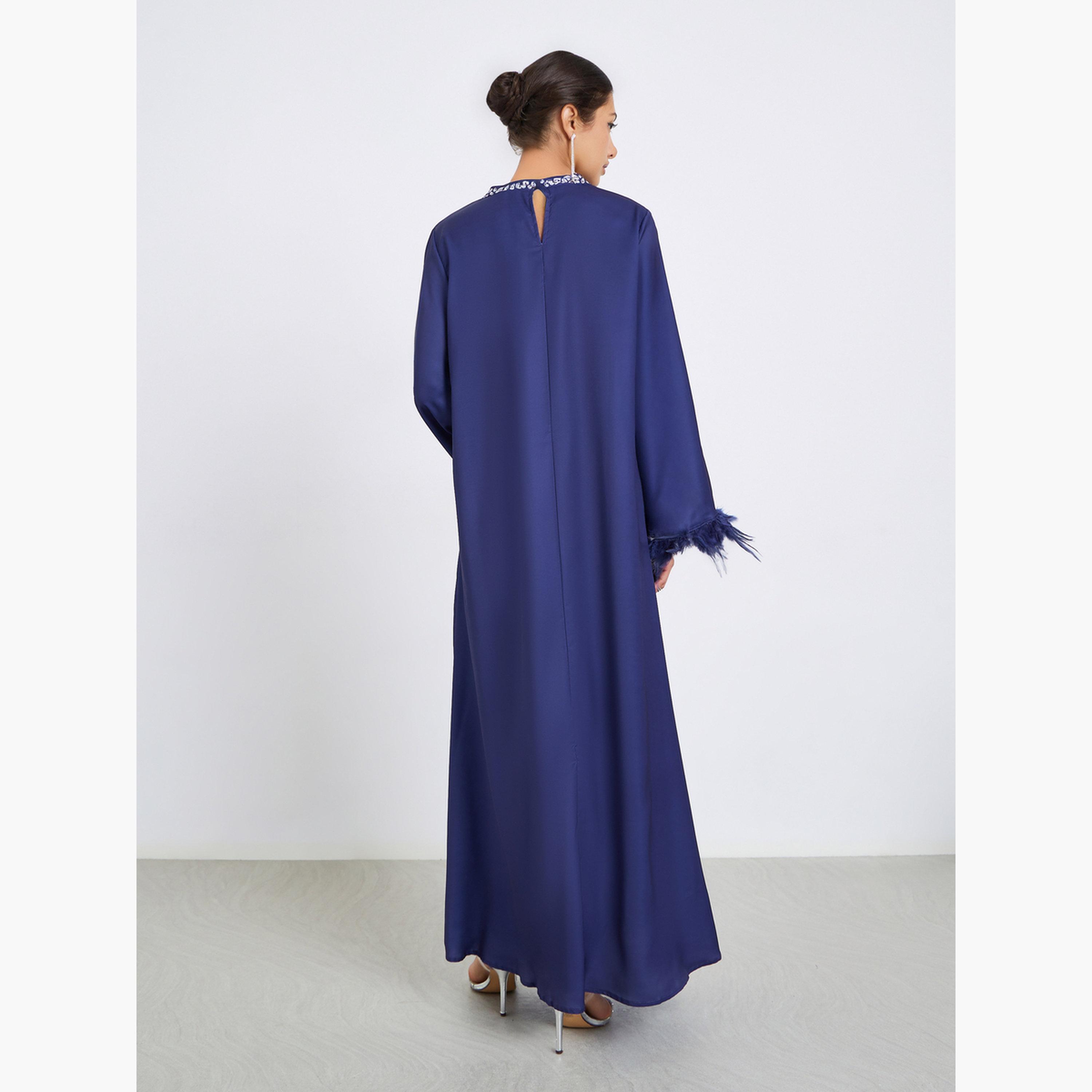 جلابية بطبعة جرافيك وتفاصيل ريش-women-arabicclothing-jalabiyas-image-5