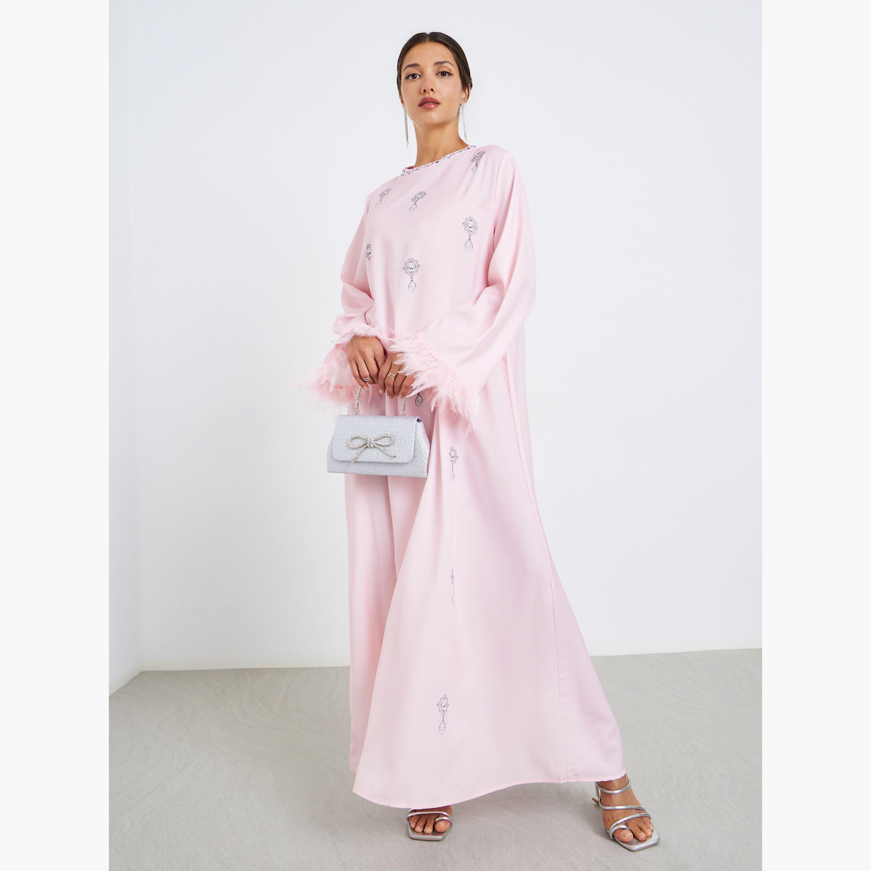 جلابية مطبوعة بتفاصيل ريش صناعي-women-arabicclothing-jalabiyas-image-2