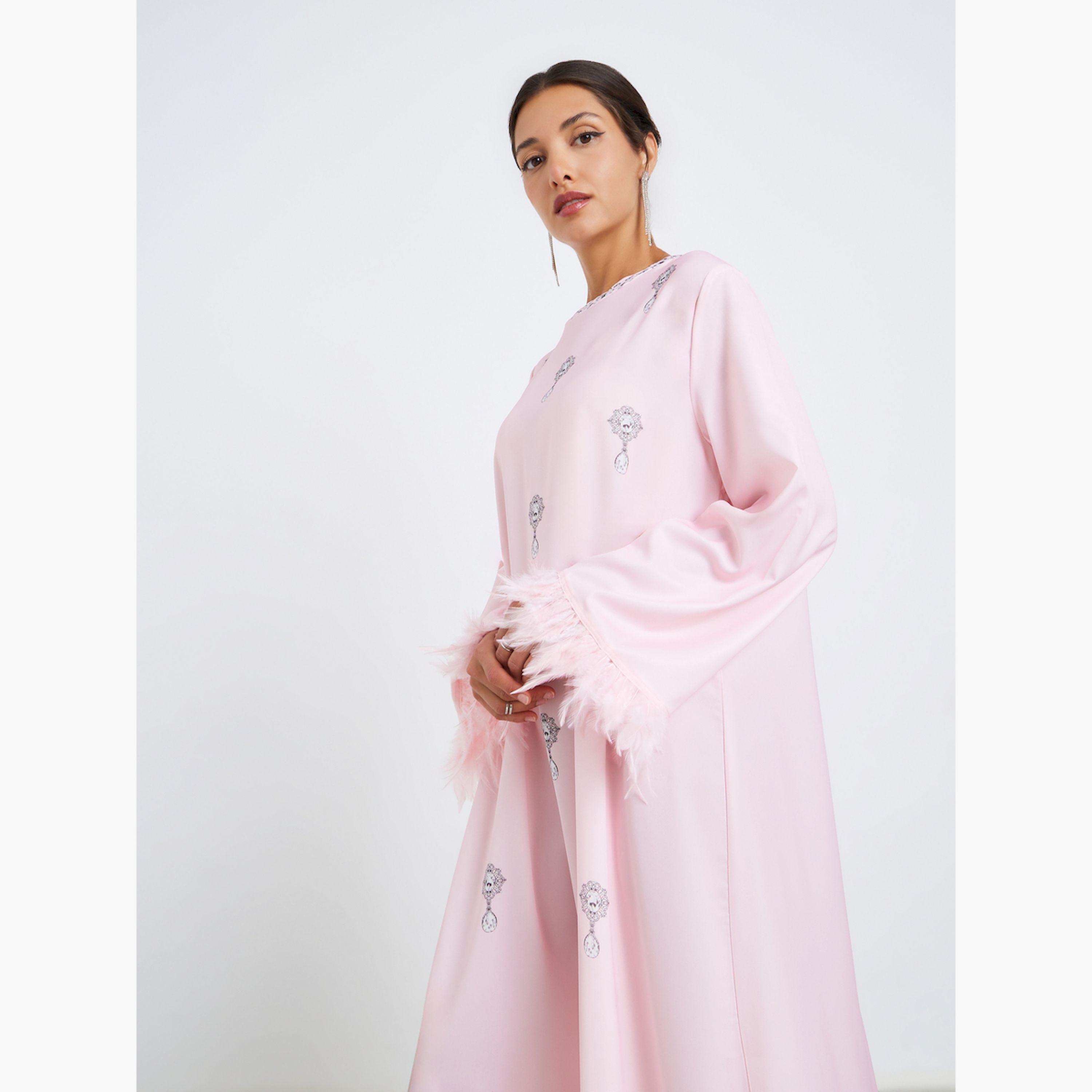 جلابية مطبوعة بتفاصيل ريش صناعي-women-arabicclothing-jalabiyas-image-3