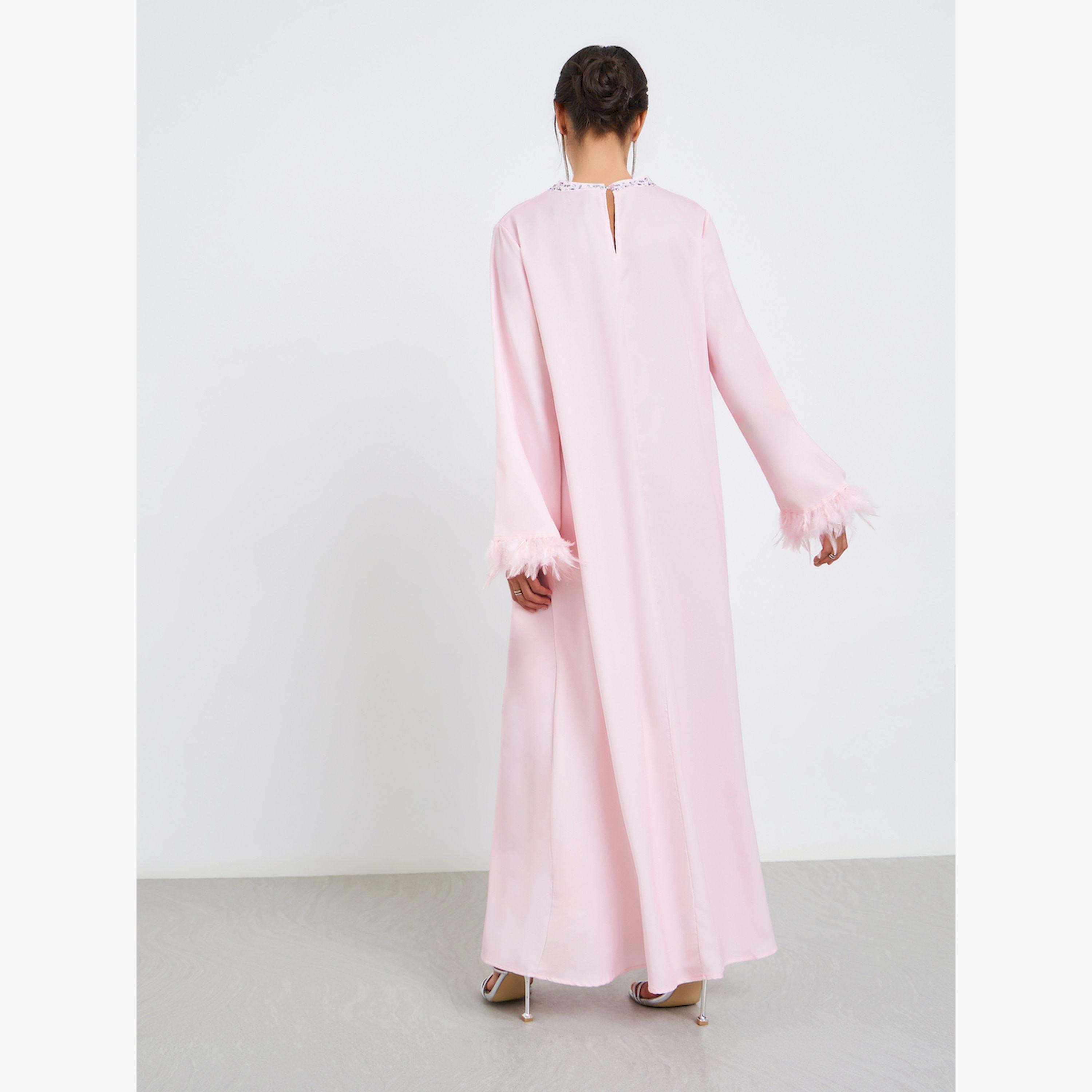 جلابية مطبوعة بتفاصيل ريش صناعي-women-arabicclothing-jalabiyas-image-4
