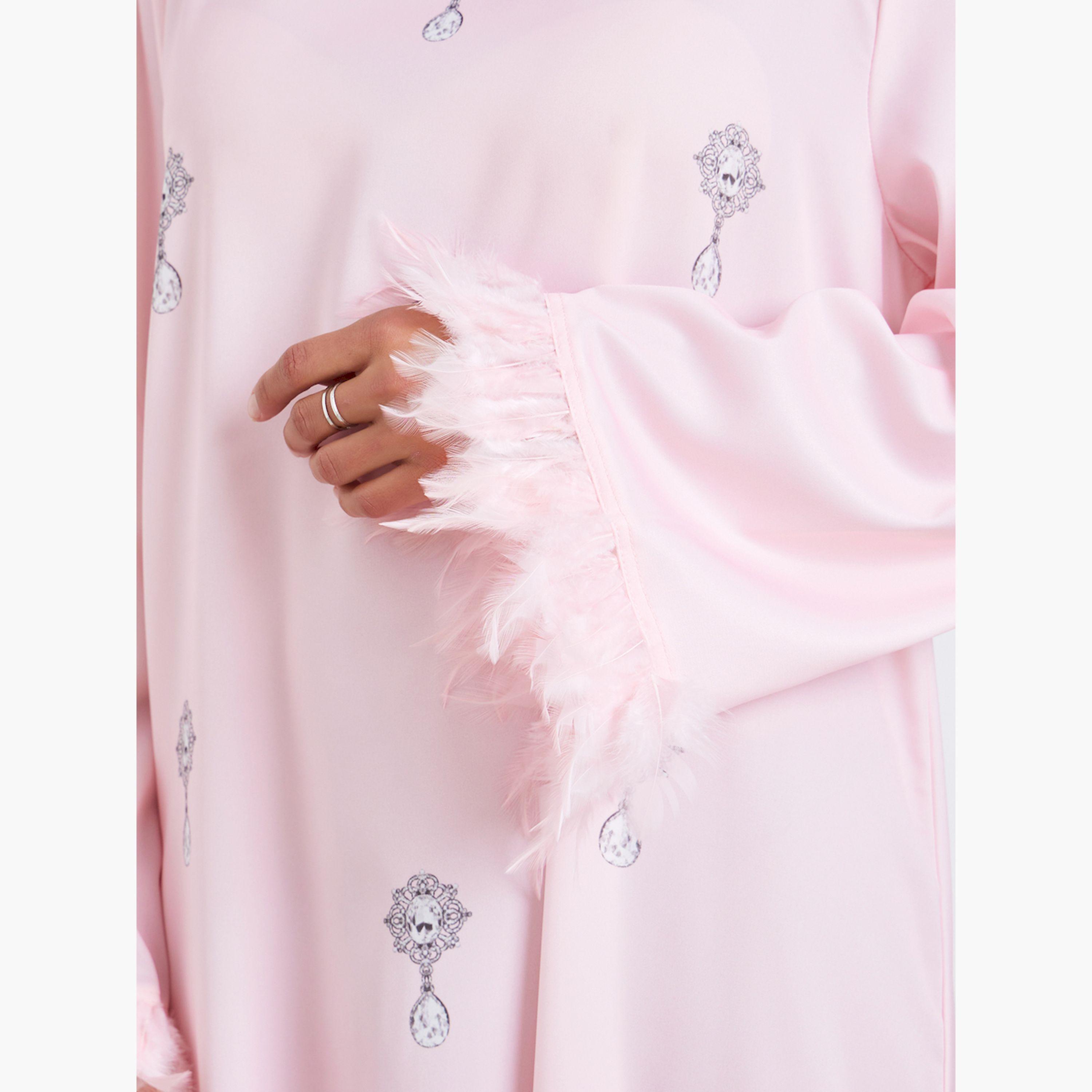 جلابية مطبوعة بتفاصيل ريش صناعي-women-arabicclothing-jalabiyas-image-5