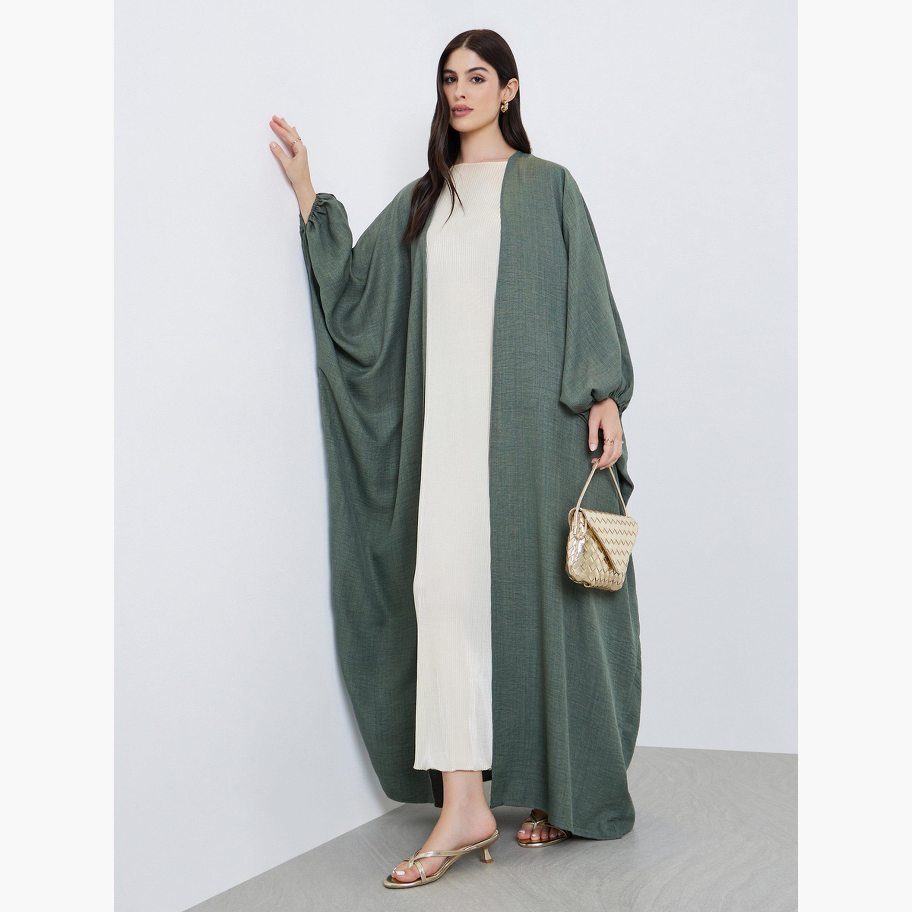Styli Women Olive Textured Open Front Abaya-women-arabicclothing-abayas-image-1