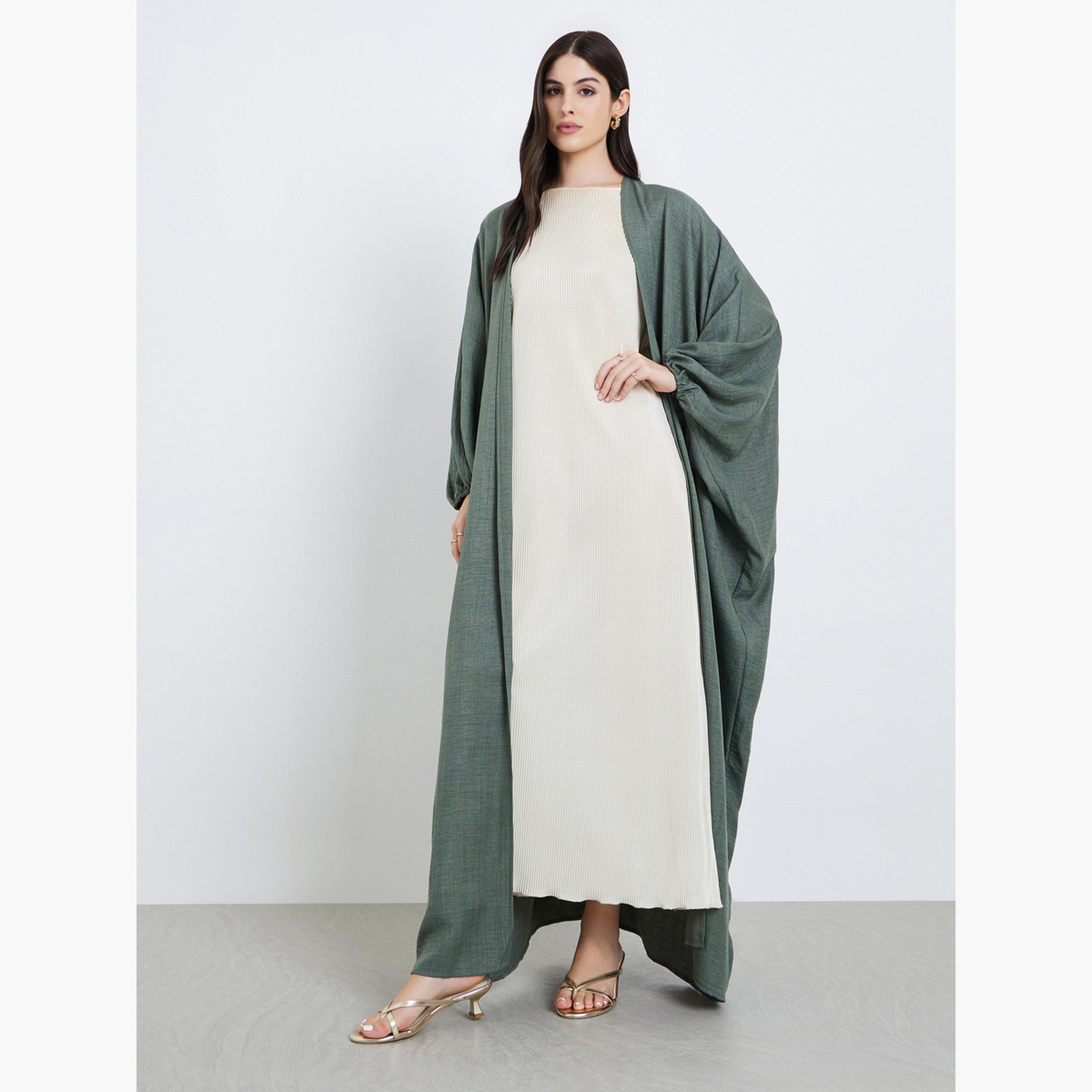 Styli Women Olive Textured Open Front Abaya-women-arabicclothing-abayas-image-2