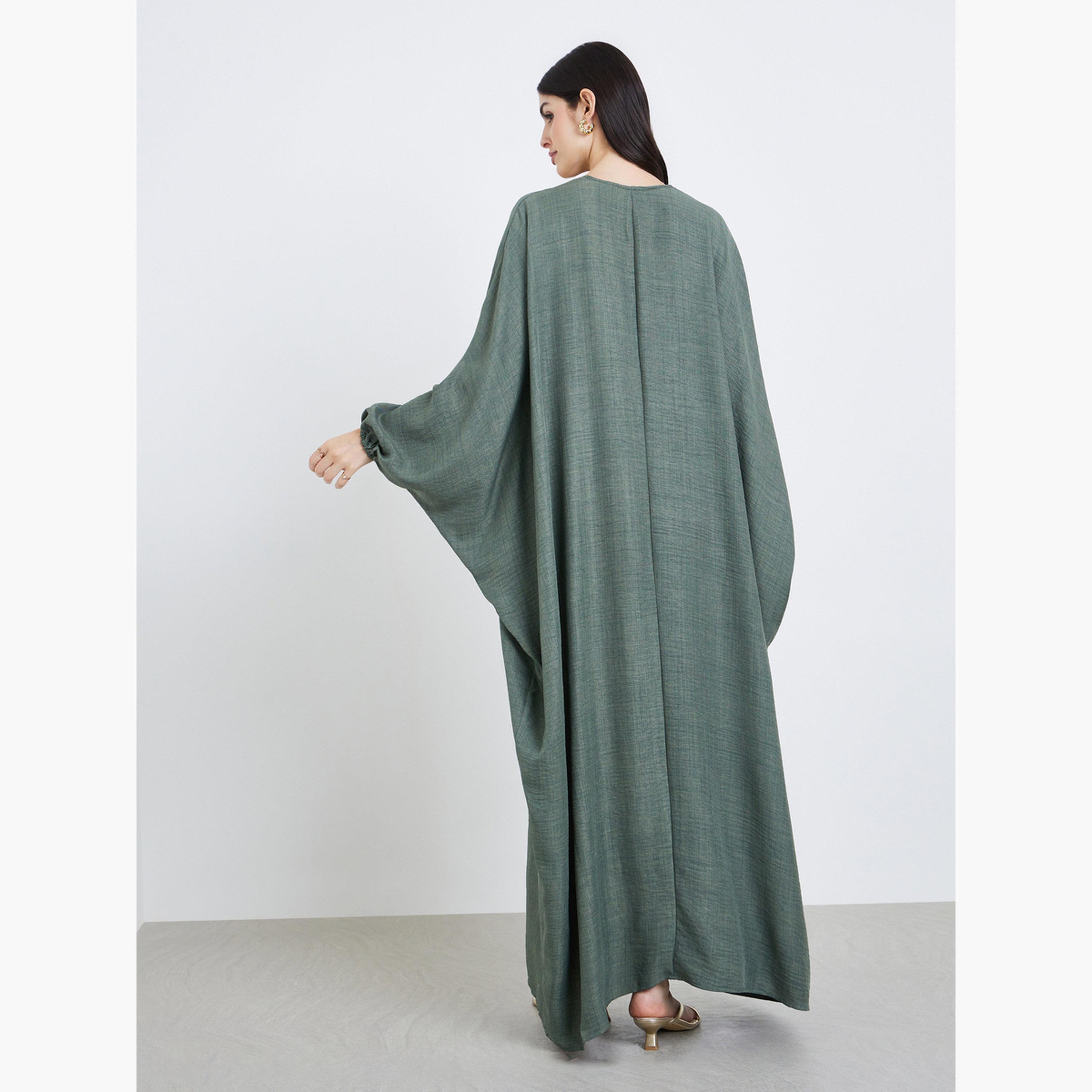 Styli Women Olive Textured Open Front Abaya-women-arabicclothing-abayas-image-5